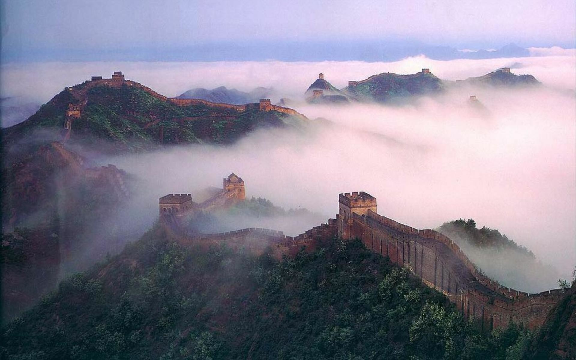 Grande Muraglia cinese, Cina, Nebbia, Montagne, Torri di guardia, sfondo MacBook Air