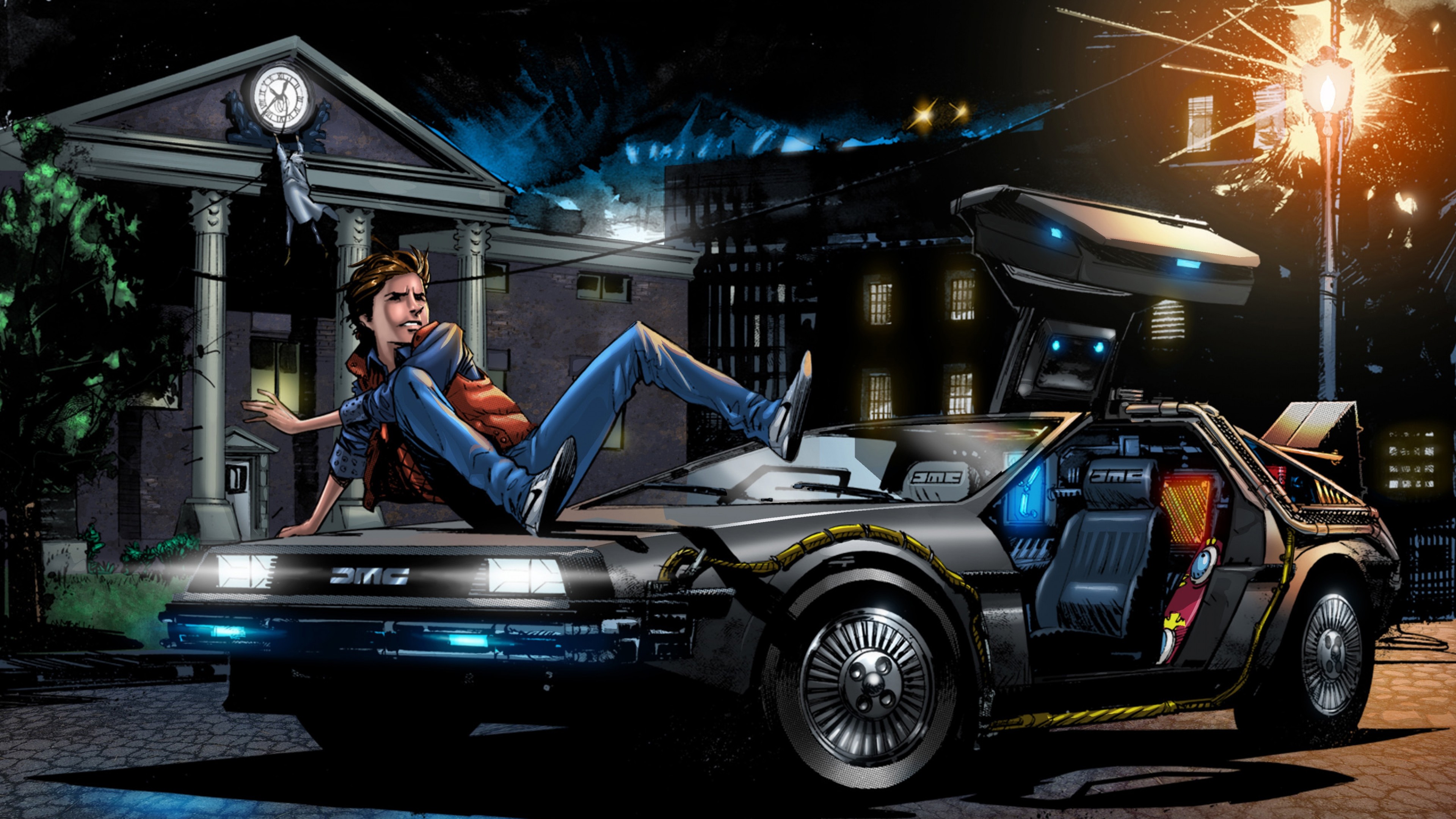 Ritorno al futuro, Marty McFly, DeLorean DMC-12, Torre dell'orologio, Illustrazione, sfondo 2160p
