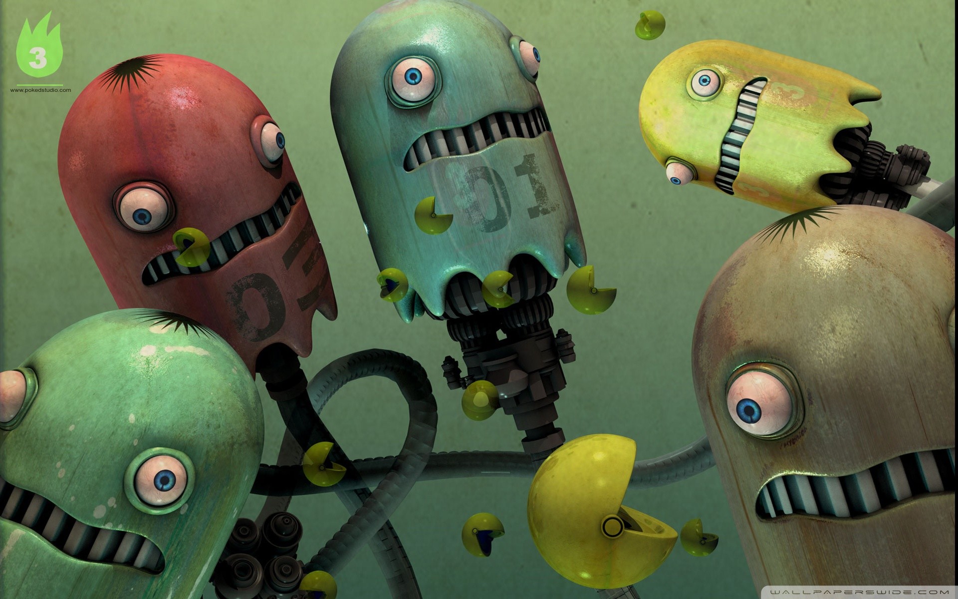 Pac-Man, Fantasmi, Rendering 3D, Steampunk, Surreale, Full HD, sfondo per portatile