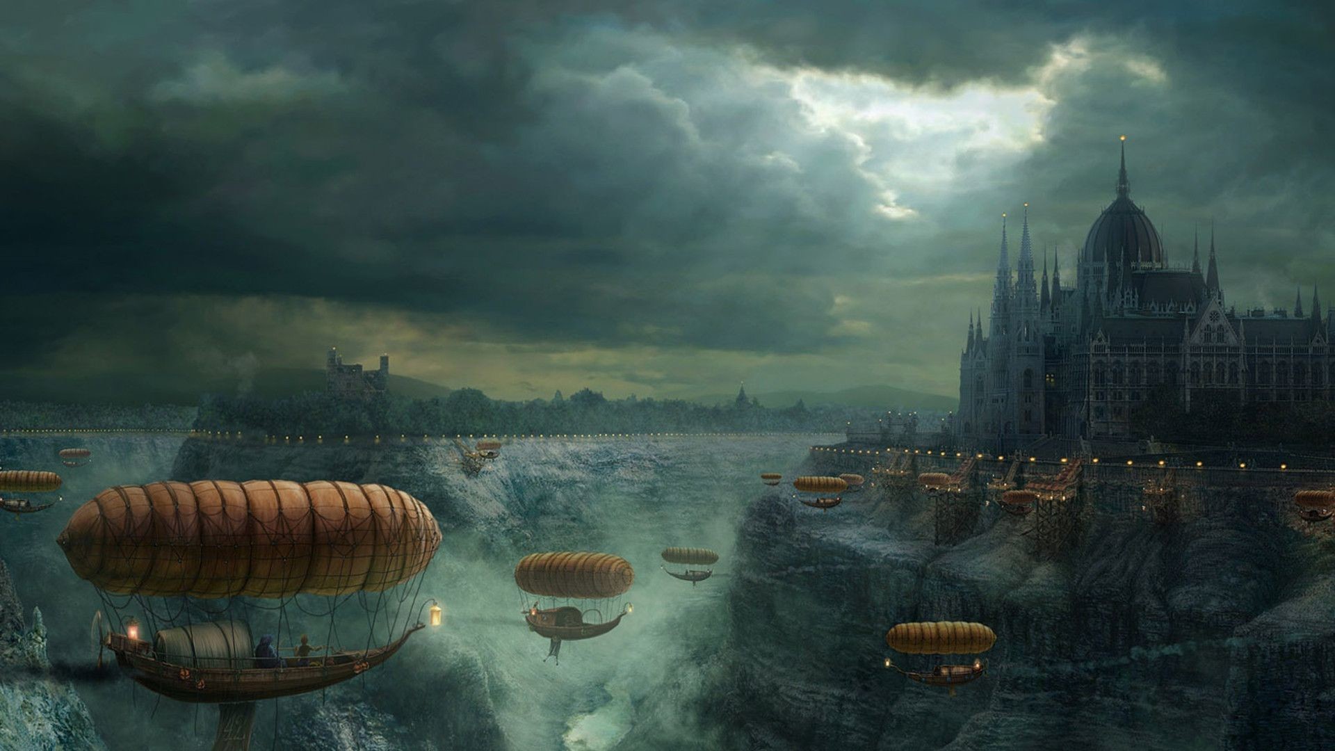 Parlamento di Budapest, Dirigibili, Tempesta, Steampunk, 16:9 Full HD, sfondo widescreen