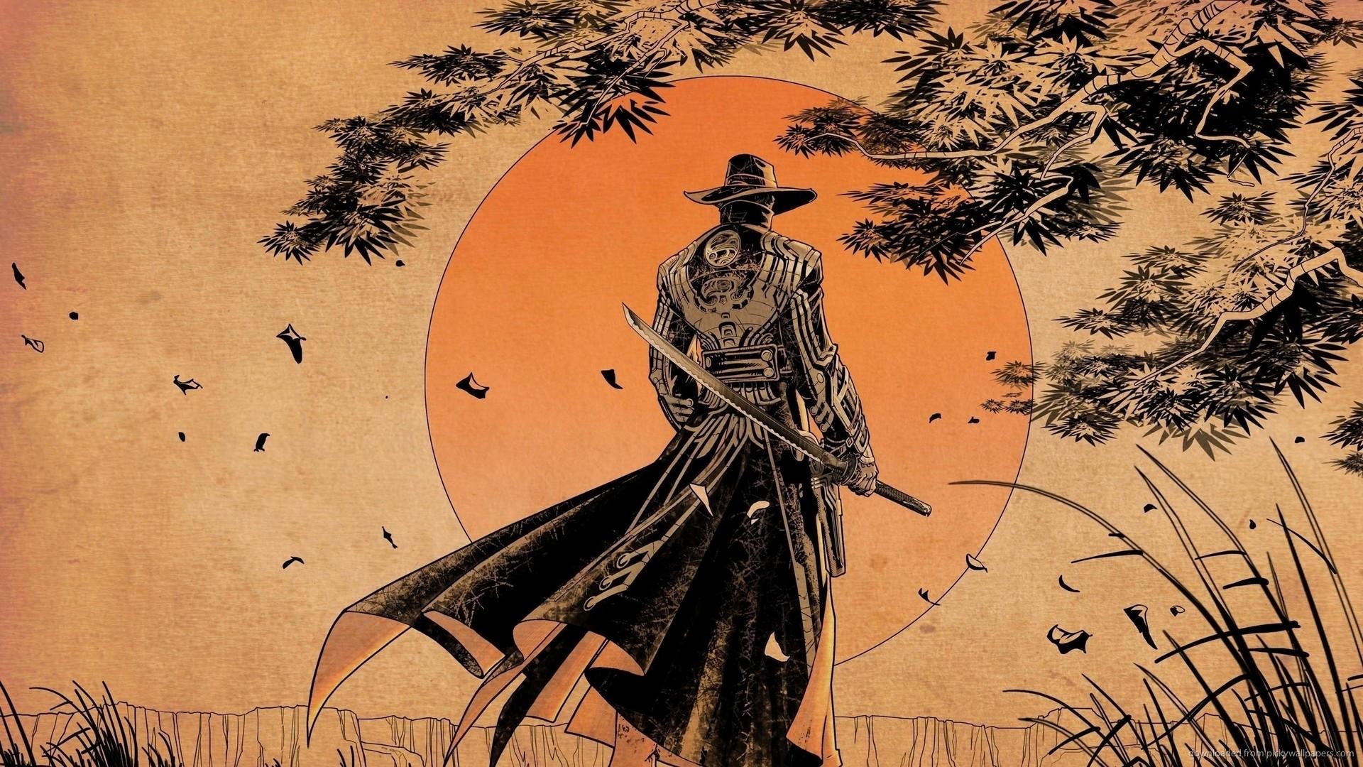 Pistolero, Cowboy, Sole arancione, Inchiostro, Illustrazione, Full HD, wallpaper per PC