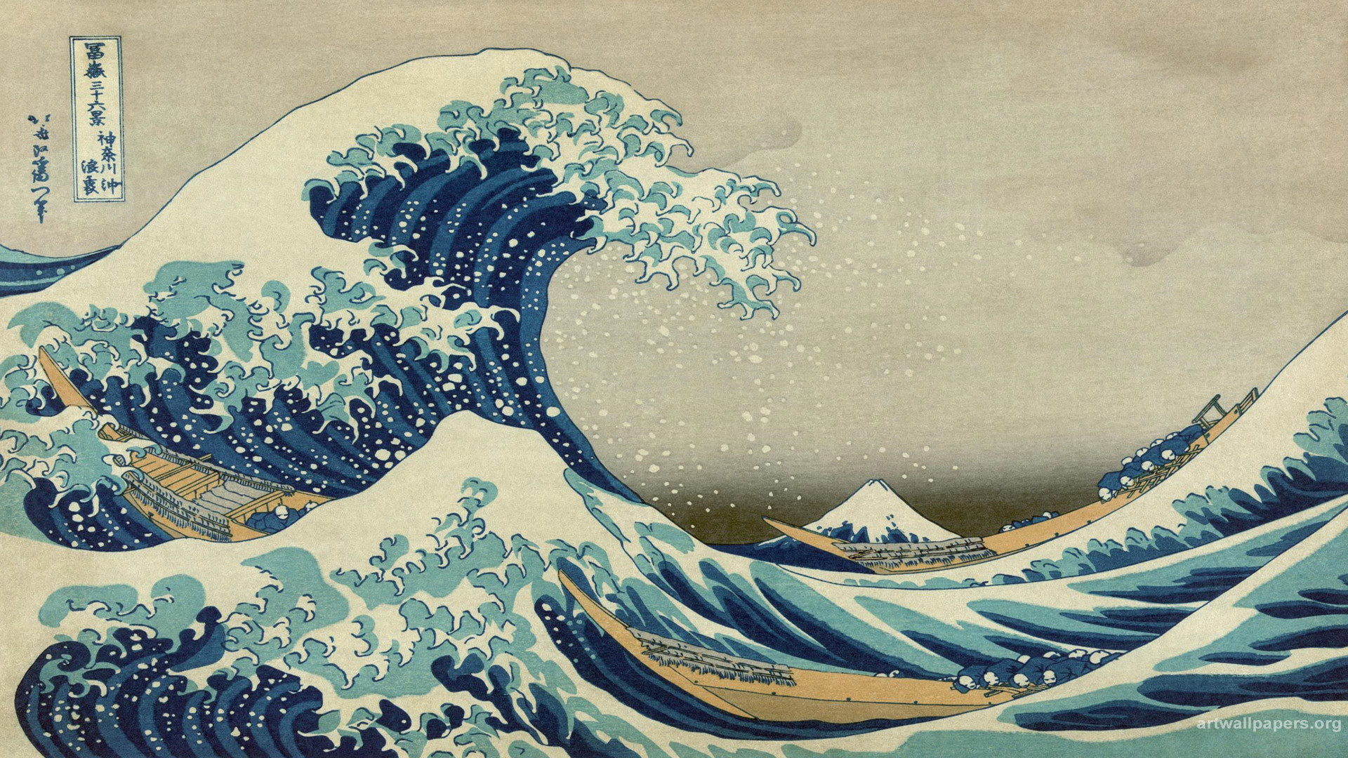 La grande onda di Kanagawa, Hokusai, Monte Fuji, Ukiyo-e, Giappone, wallpaper 1920x1080