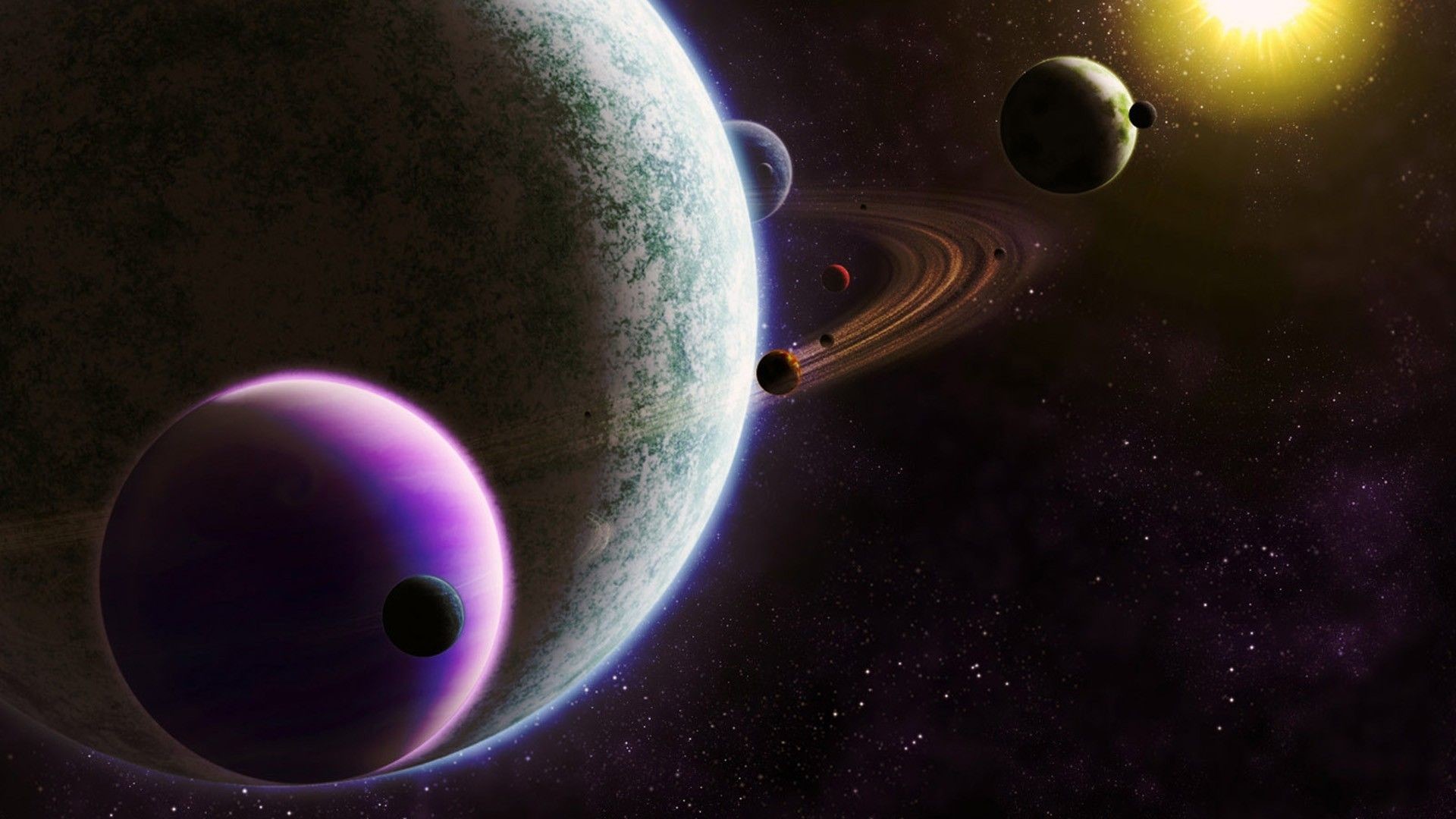 Pianeti, Lune, Anelli, Spazio, Arte digitale, 1920x1080, wallpaper desktop