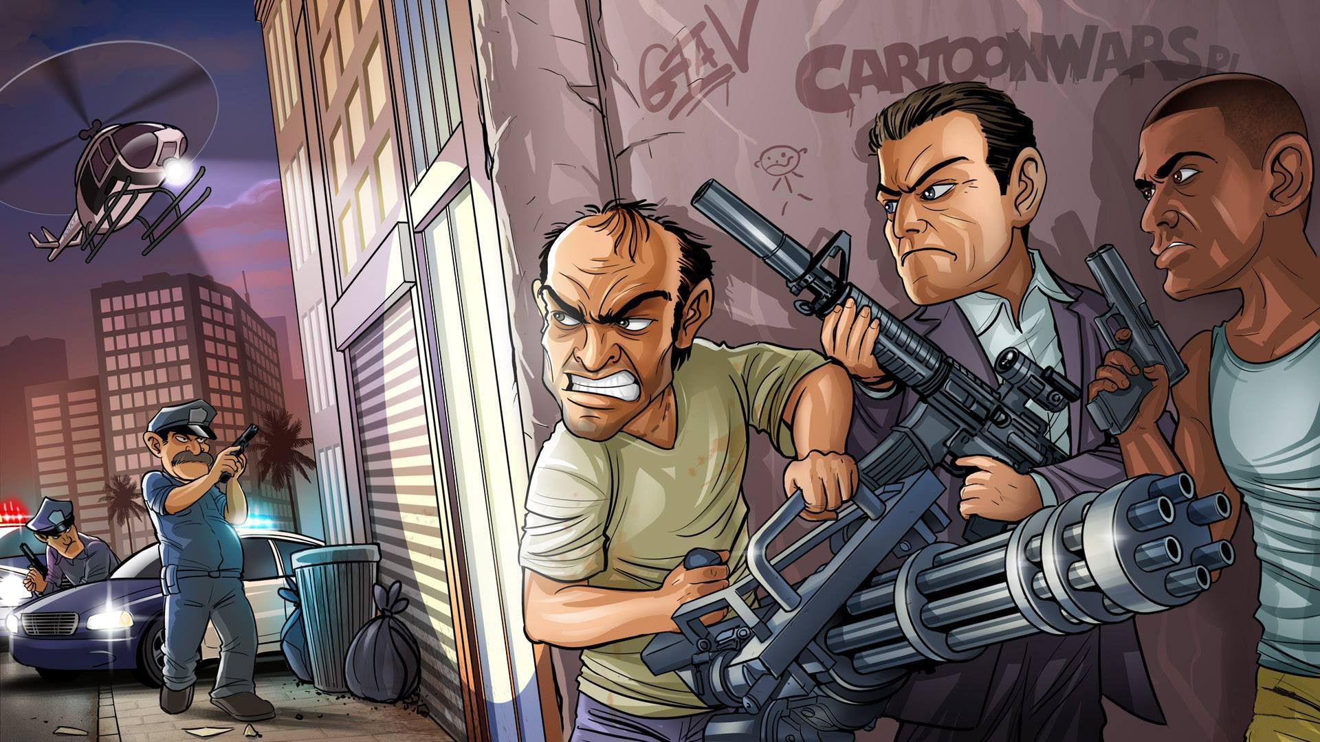GTA V, Trevor Philips, Michael De Santa, Franklin Clinton, Caricatura, sfondo widescreen Full HD
