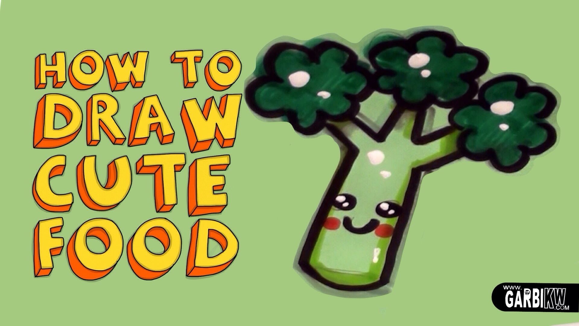 Garbi KW, How to Draw Cute Food, Broccoli, Kawaii, Sfondo verde, wallpaper 1920x1080
