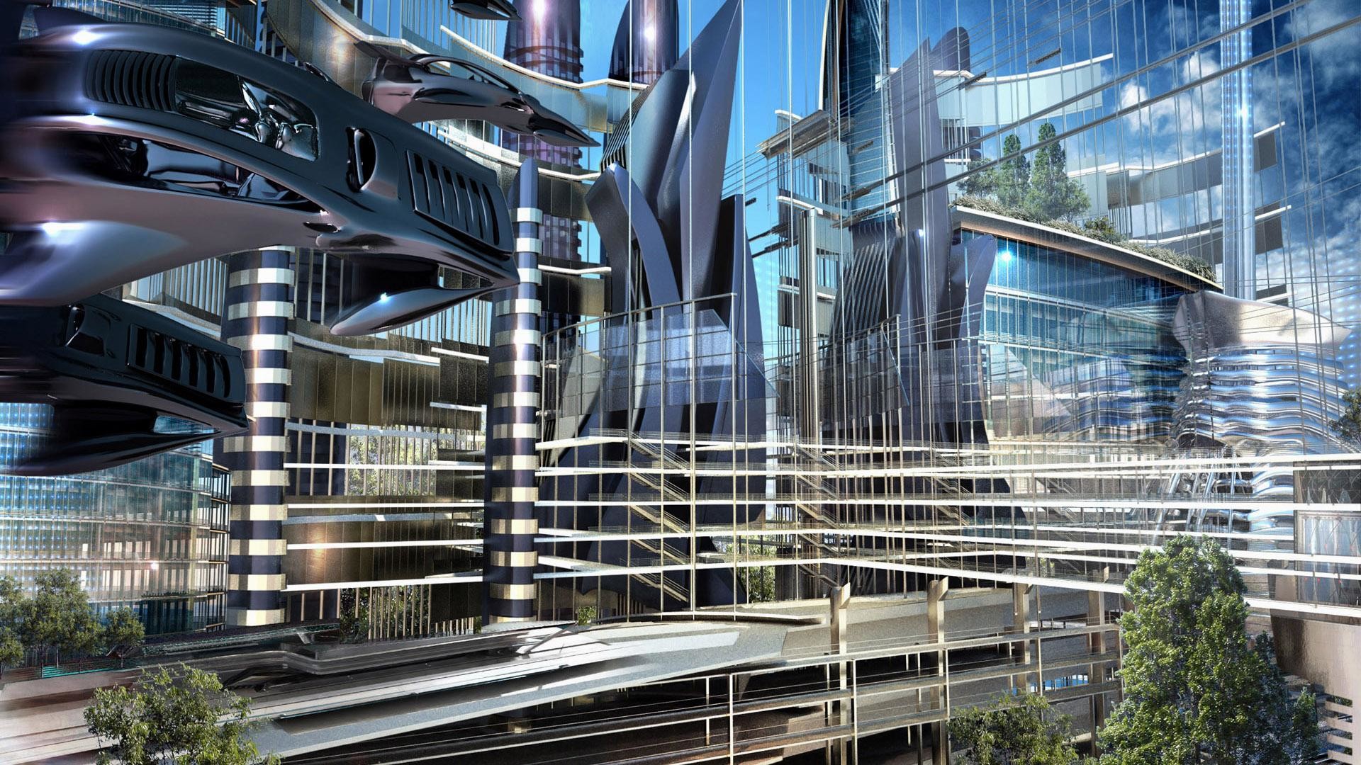 Architettura futuristica, Città del futuro, Rendering, Vetro, 16:9 Full HD, sfondo widescreen