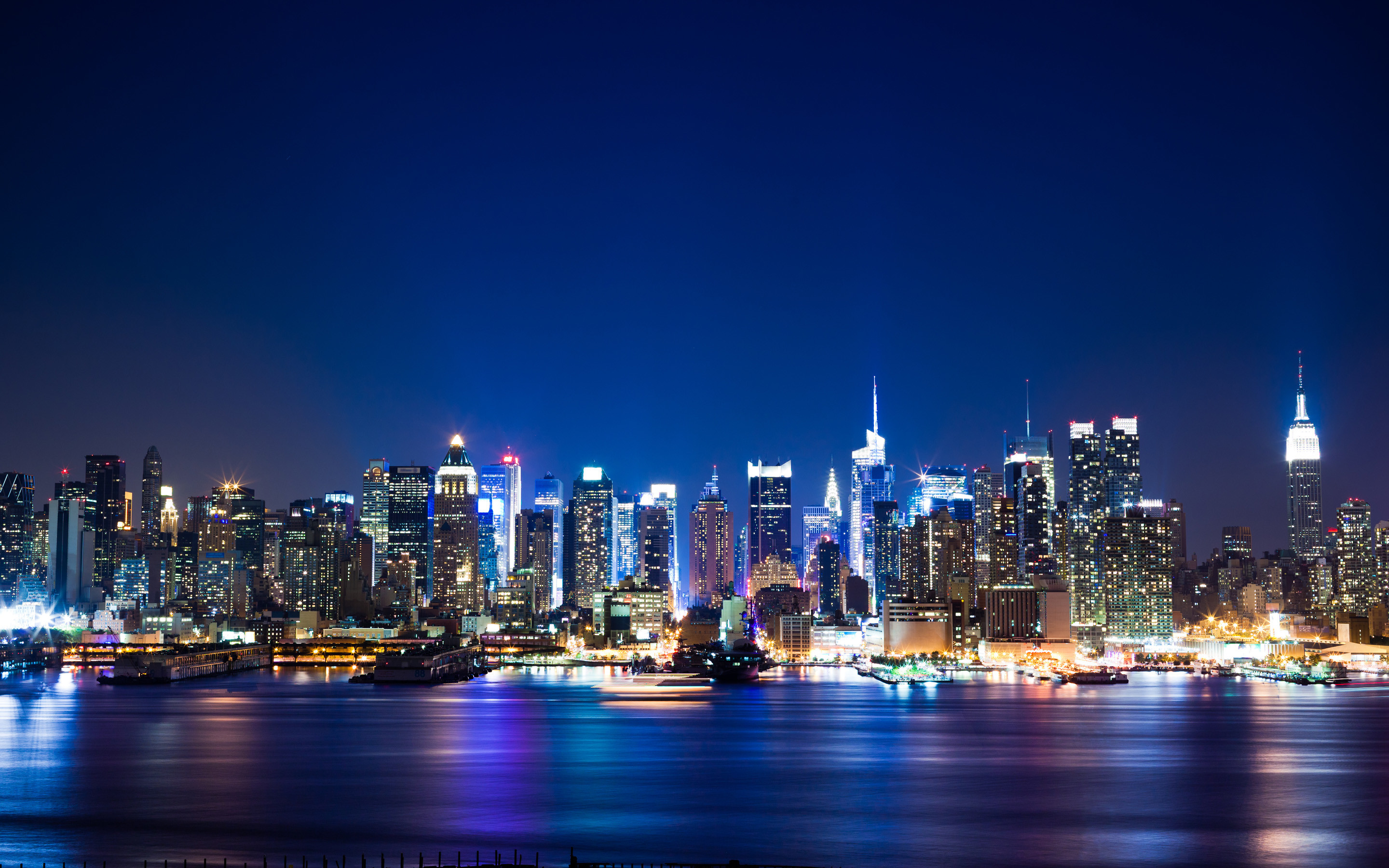 Skyline di Manhattan, Fiume Hudson, New York, Notte, 2880x1800, immagine di sfondo