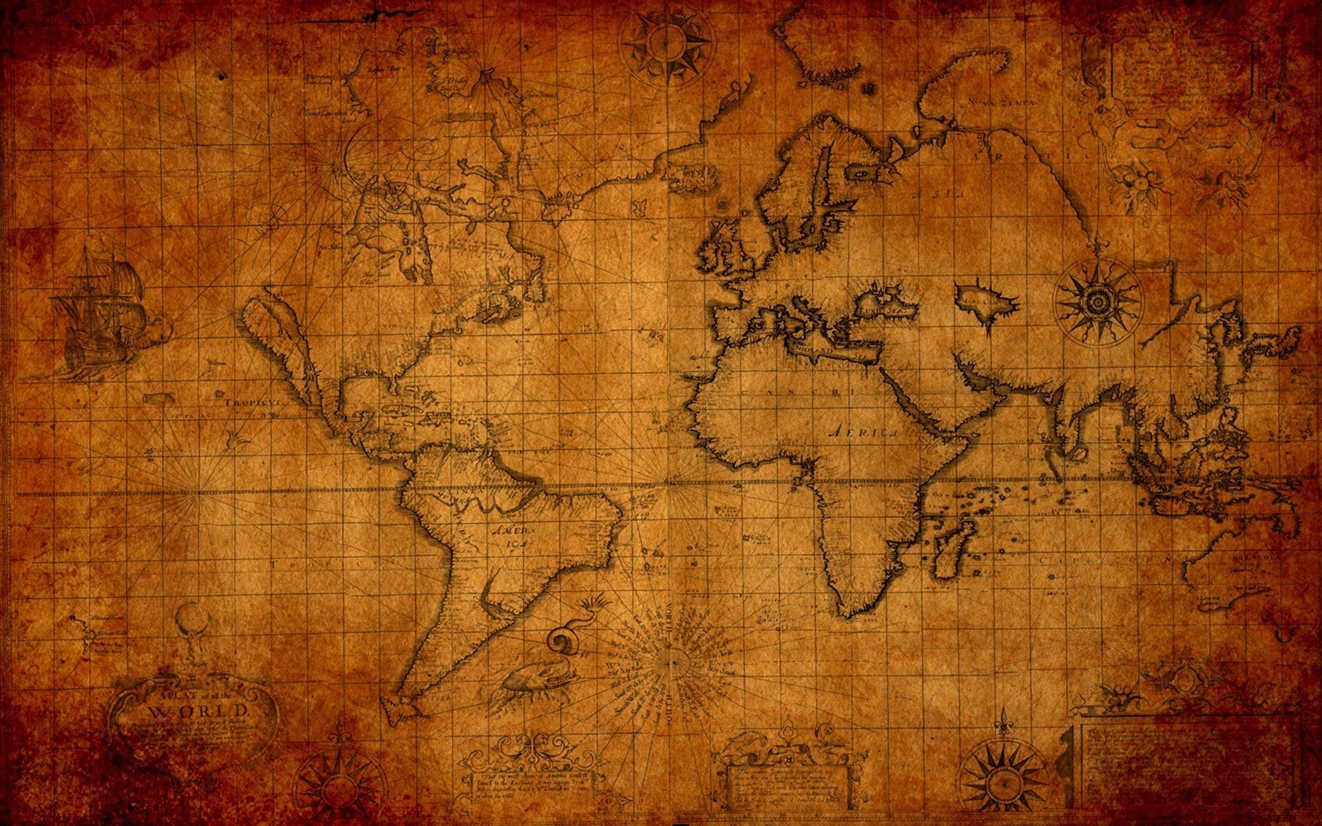 Mappa antica, Pergamena, Rosa dei venti, Arancione, Full HD, wallpaper per PC