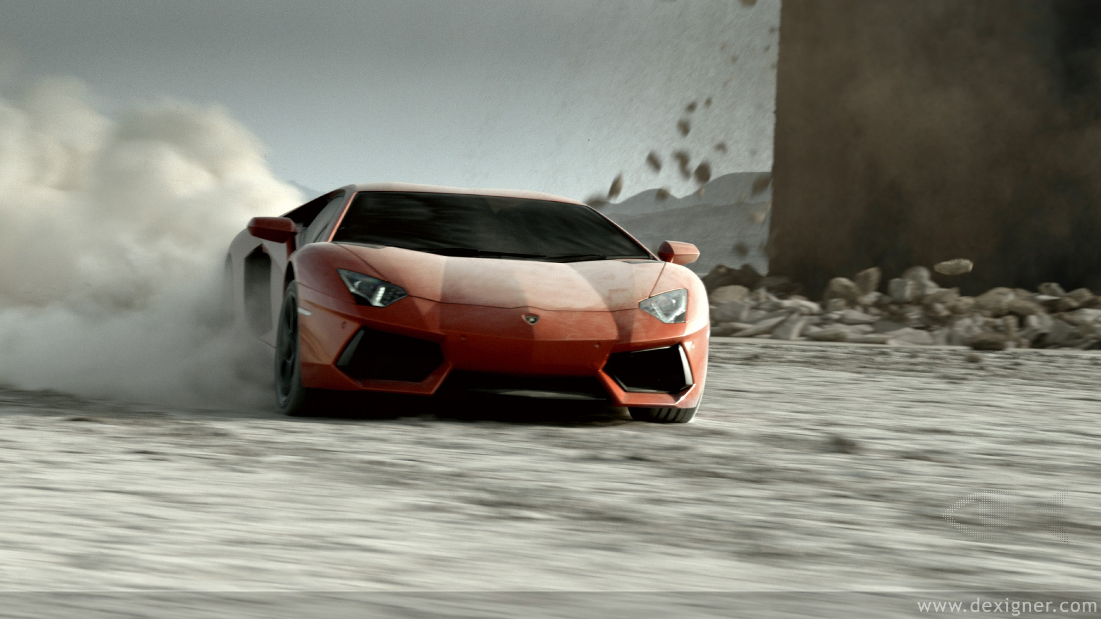 Lamborghini Aventador, Supercar, Derapata, Polvere, Arancione, 4K, wallpaper per PC