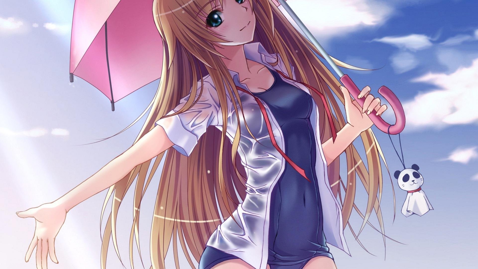 Ragazza anime, Ombrello, Cielo, Capelli lunghi, Full HD, wallpaper per computer