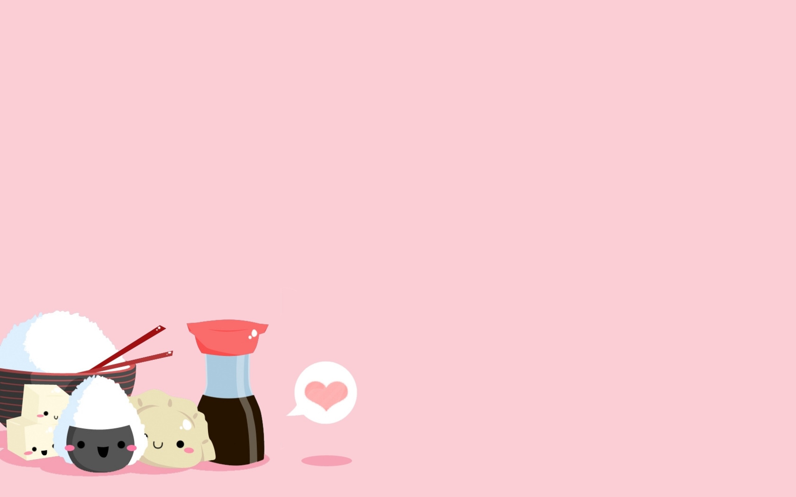 Onigiri, Salsa di soia, Kawaii, Sfondo rosa, 2K, wallpaper per PC