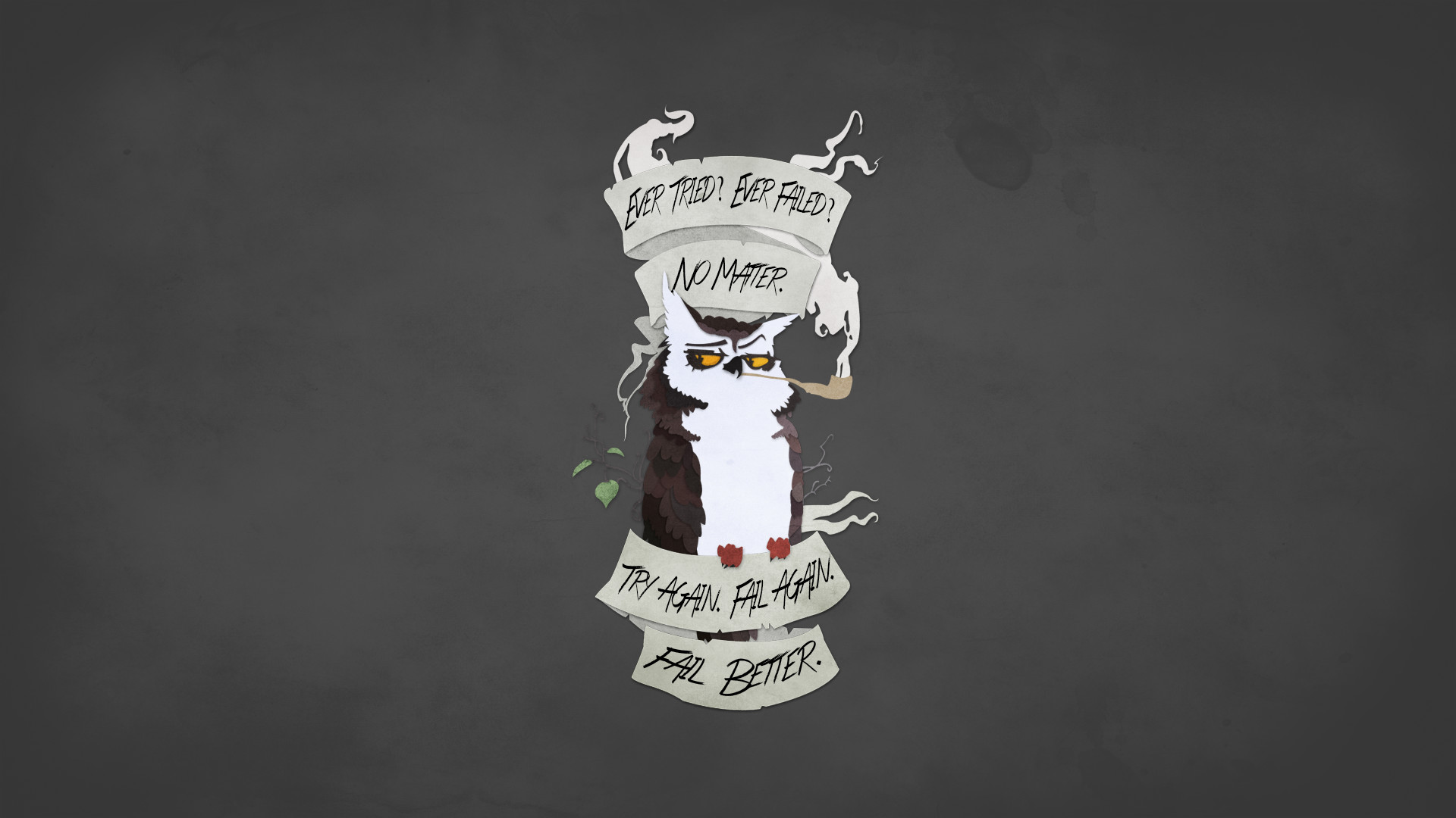 Eat, sleep, fail, try again, Gufo, Illustrazione, Pergamena, Sfondo grigio, wallpaper desktop Full HD
