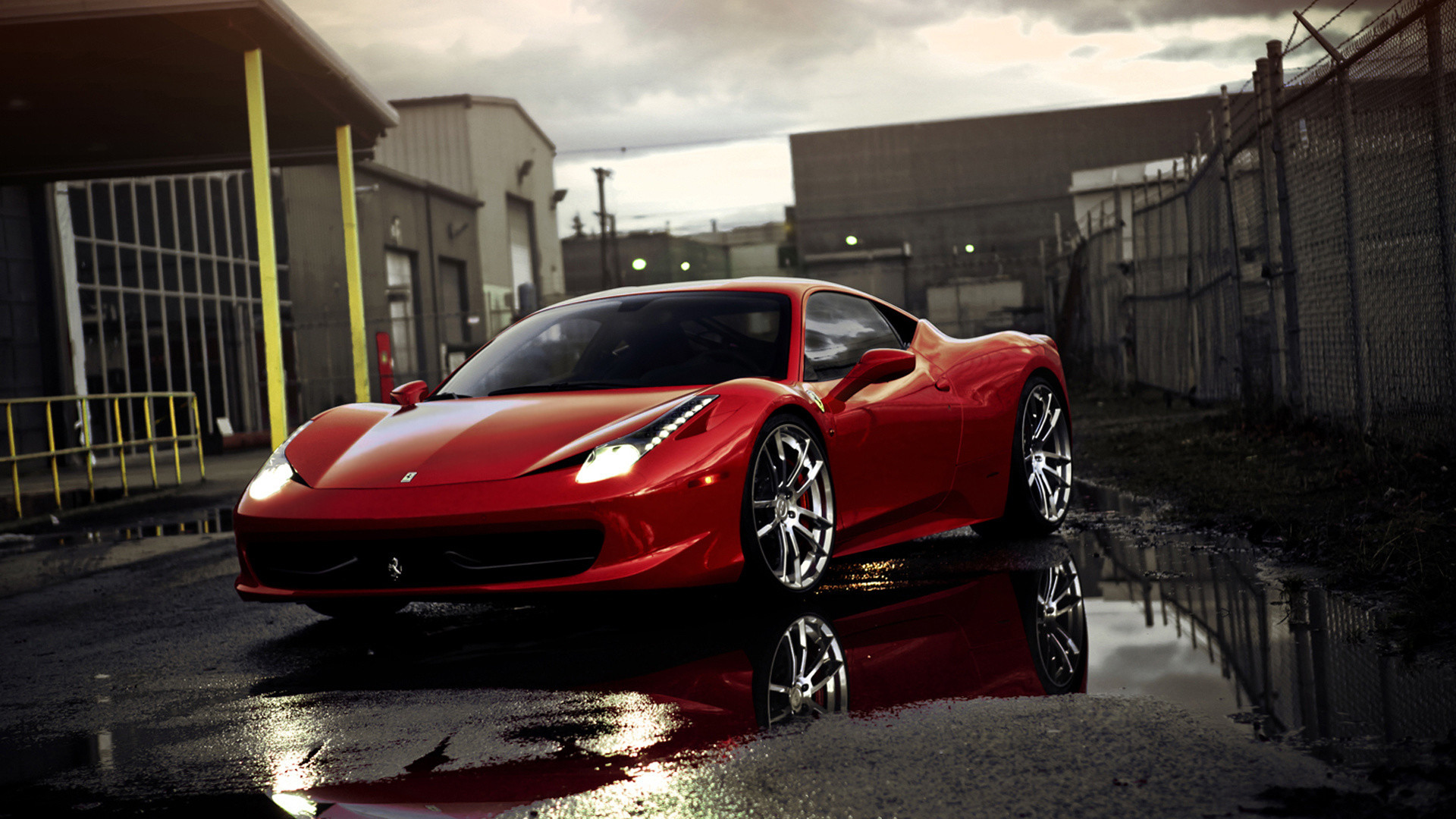 Ferrari 458 Italia, Pozzanghere, Zona industriale, Rosso, Full HD, sfondo desktop