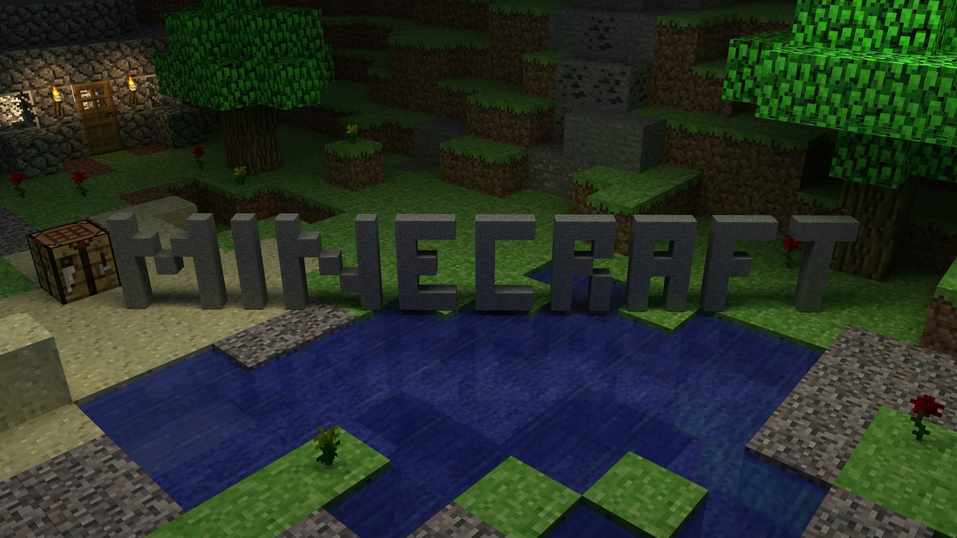 Minecraft, Logo, Lago, Notte, 4K, sfondo per PC
