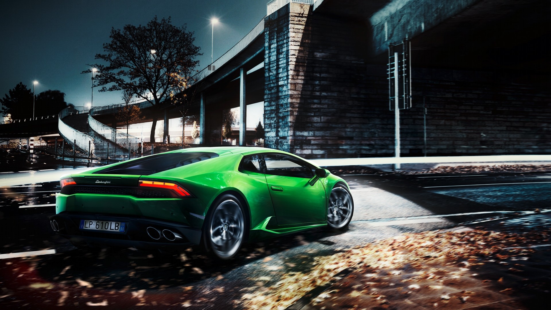 Lamborghini Huracán, Verde, Notte, Ponte, 1920x1080, immagine di sfondo
