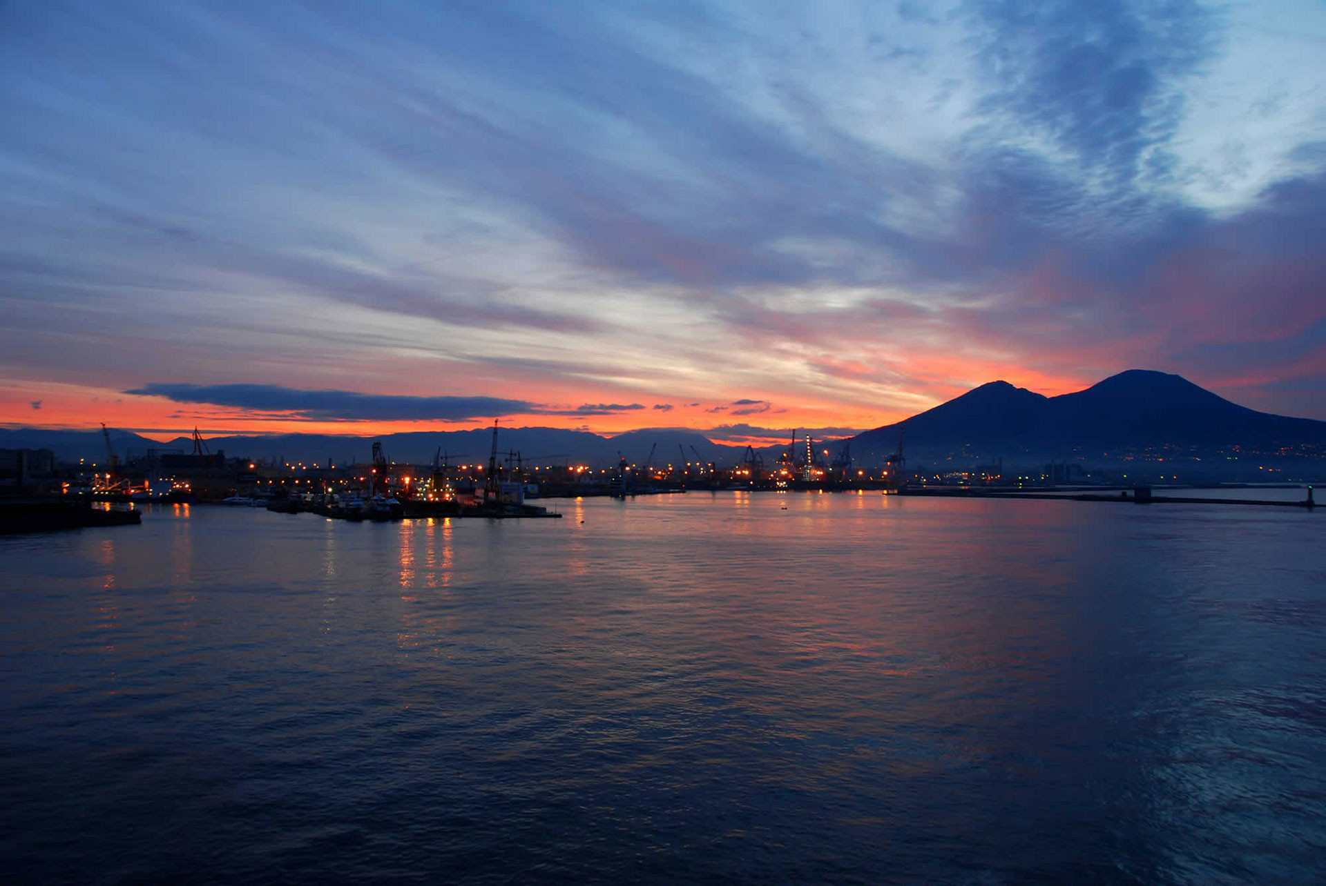 Vesuvio, Golfo di Napoli, Napoli, Tramonto, Full HD, sfondo per portatile