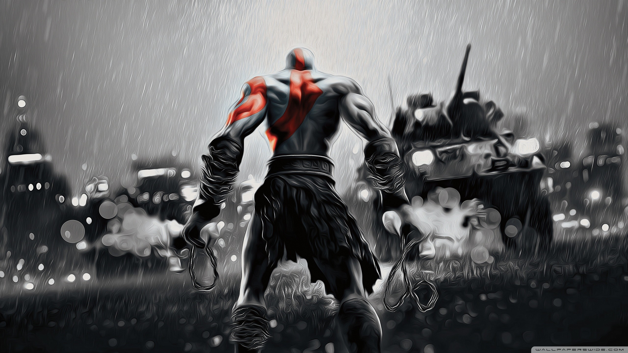 Kratos, God of War, Pioggia, Bianco e nero, 2K 1440p, sfondo desktop