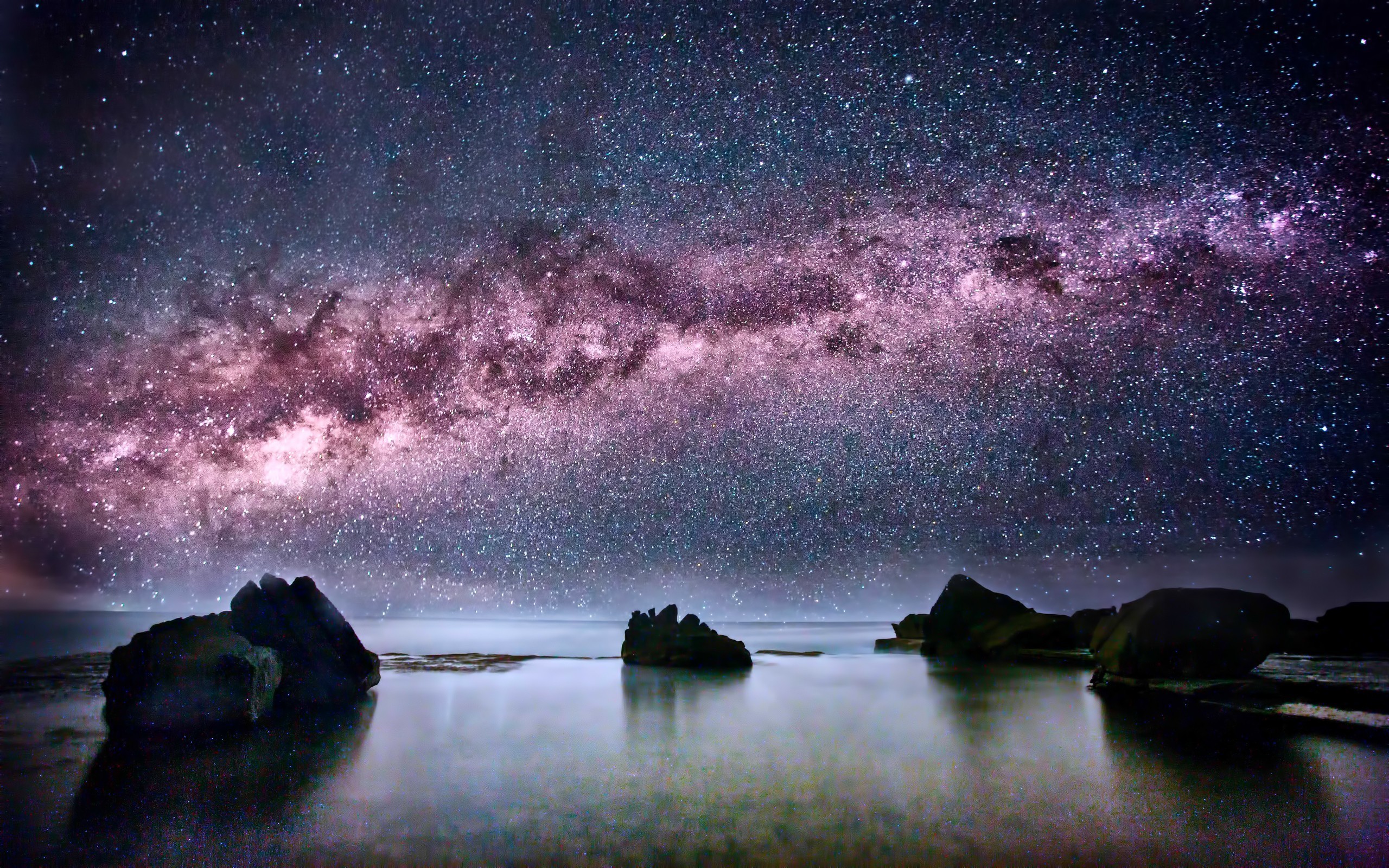 Via Lattea, Cielo stellato, Mare, Scogli, 2K, sfondo desktop