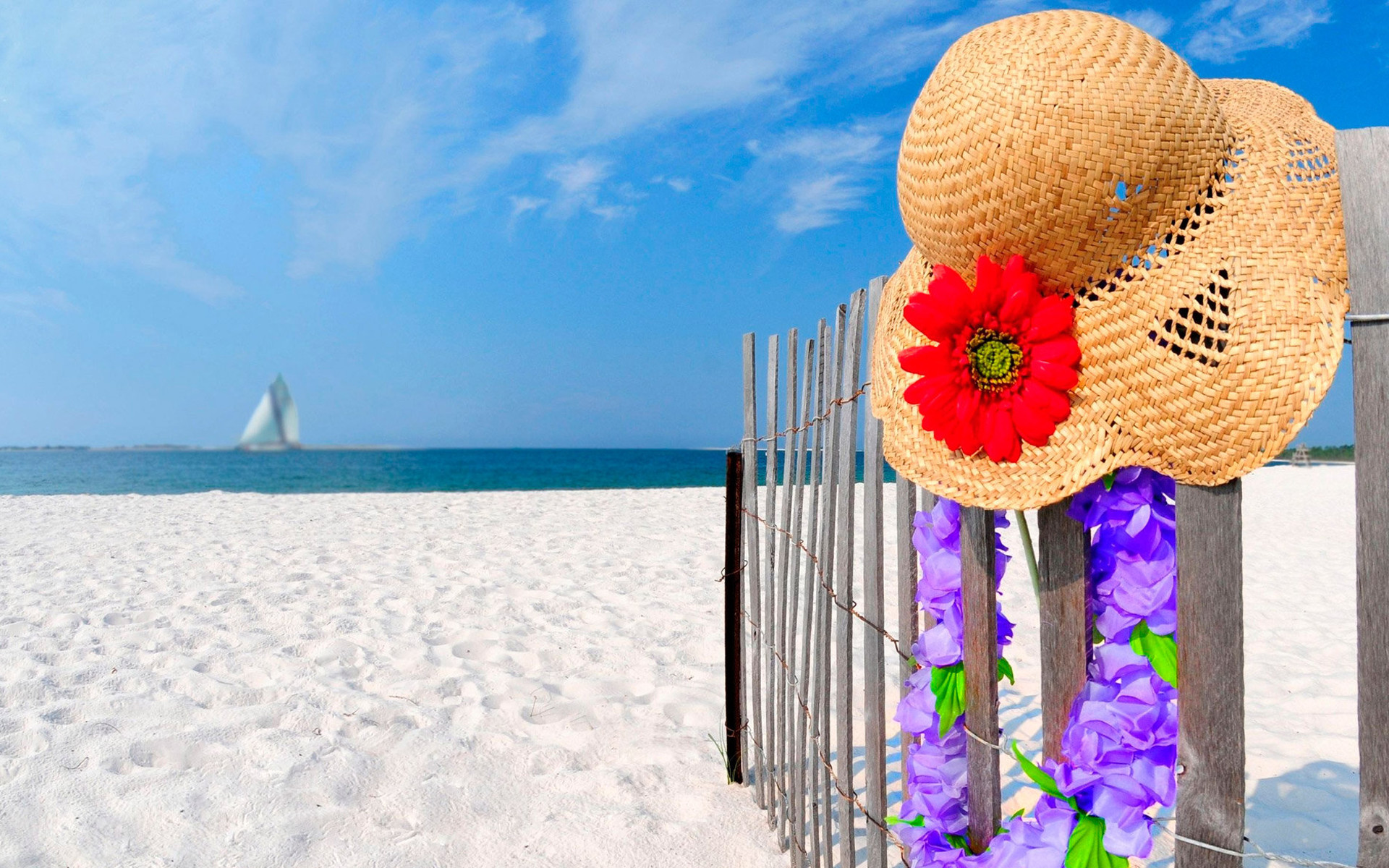 Cappello di paglia, Spiaggia, Staccionata, Fiori, 1920x1200, sfondo MacBook Pro