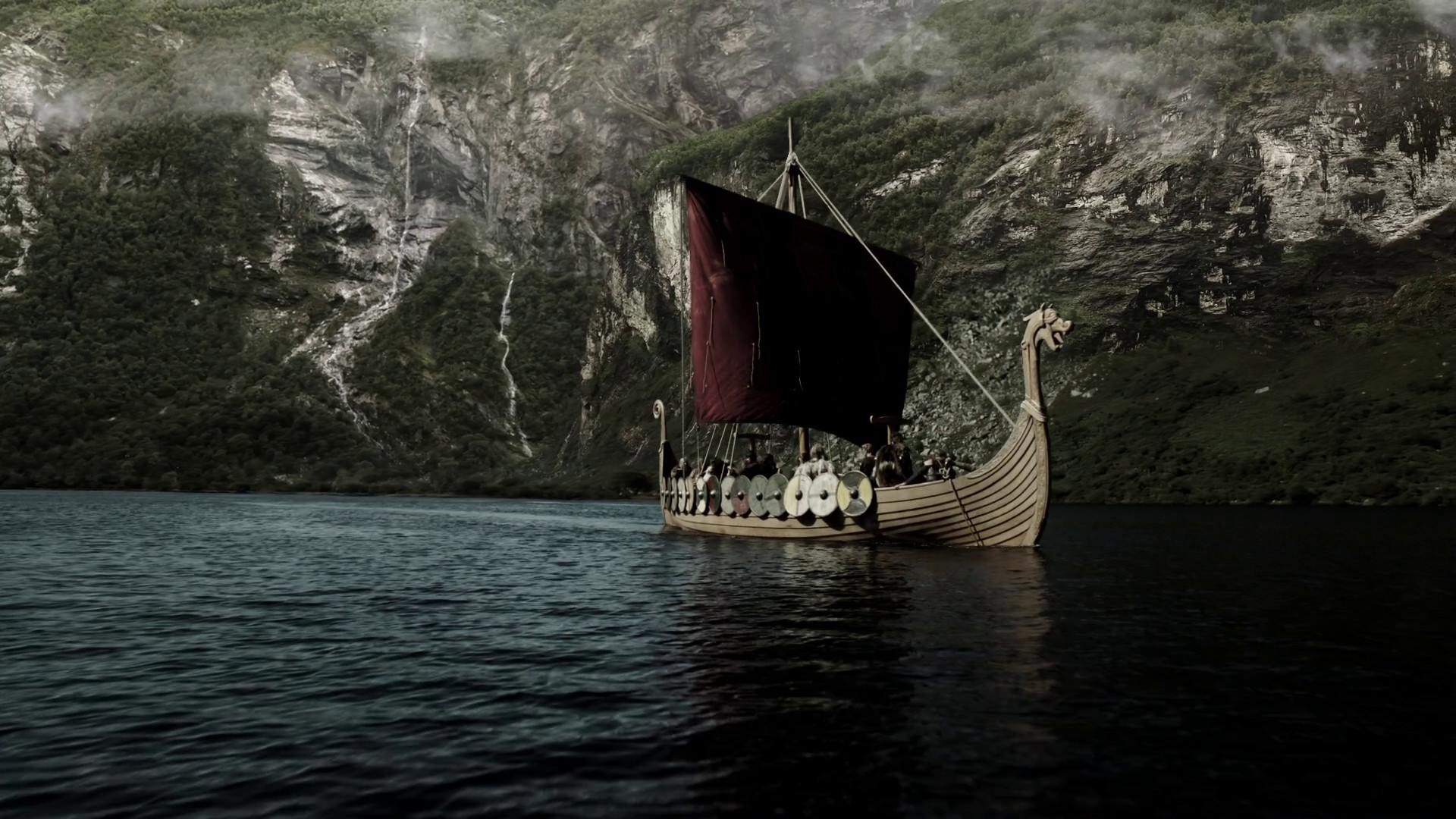 Drakkar, Fiordo, Vikings, Full HD, sfondo Windows 11