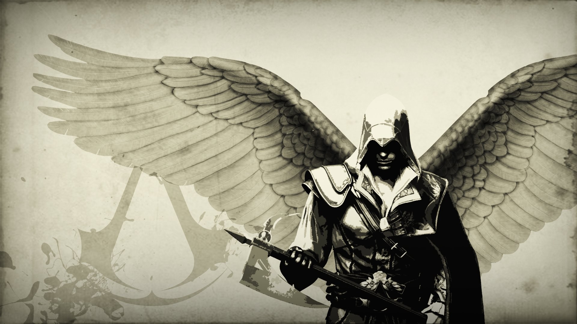 Ezio Auditore da Firenze, Assassin's Creed, Ali, Bianco e nero, Full HD, sfondo Windows 11