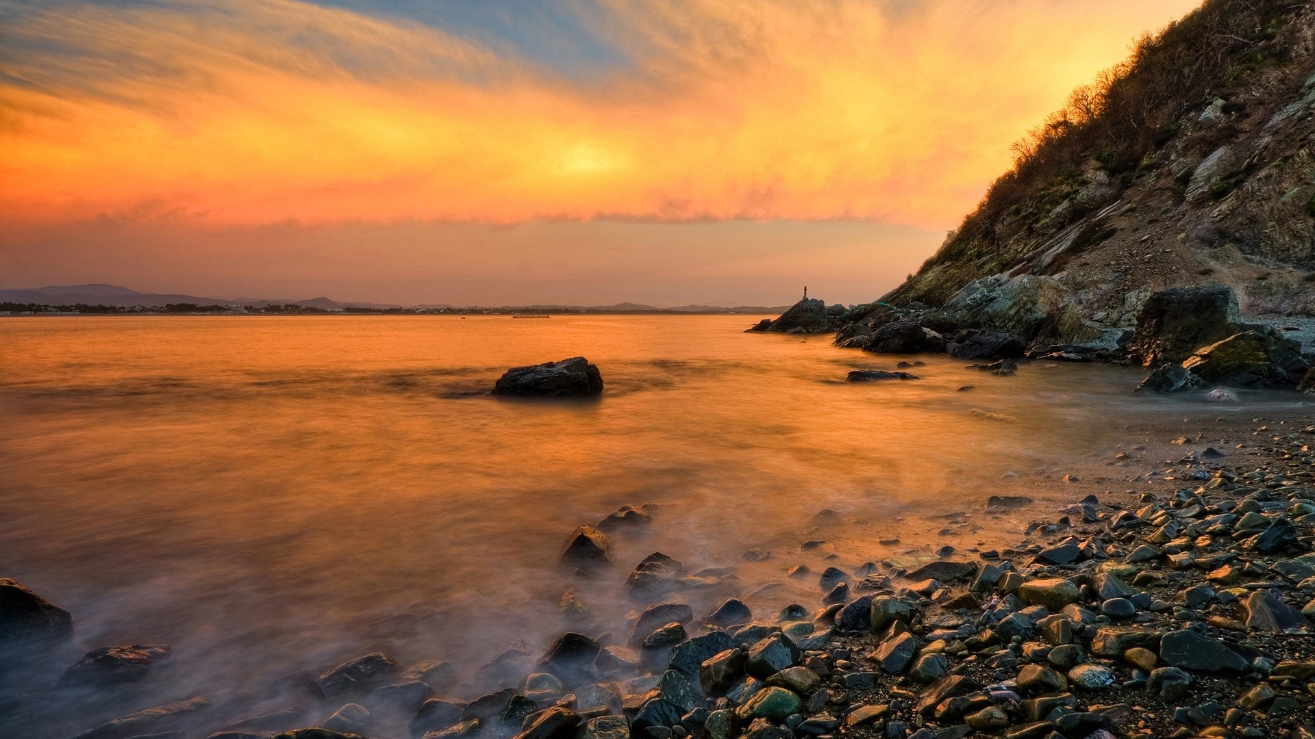 Costa rocciosa, Ciottoli, Mare, Lunga esposizione, 1920x1080, sfondo per PC