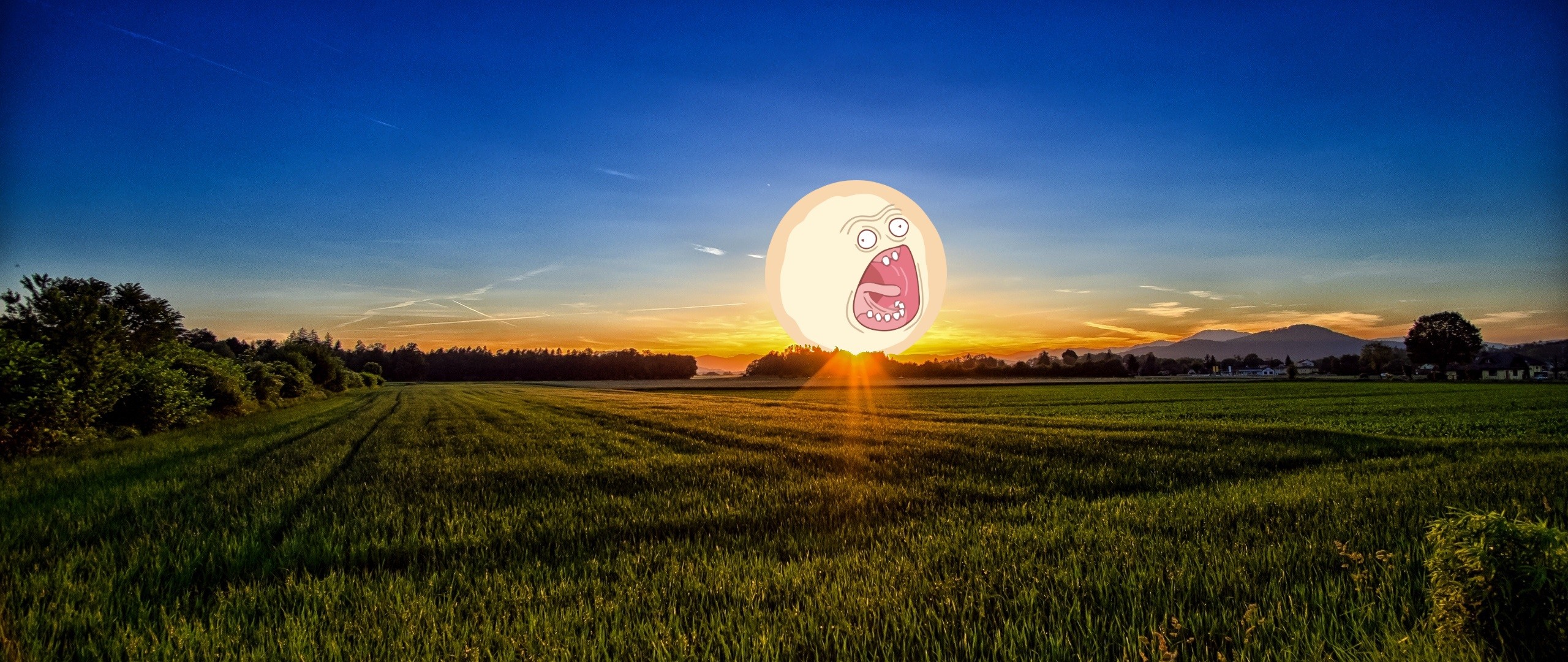 Screaming Sun, Rick and Morty, Campo, Tramonto, 2560x1080, immagine di sfondo