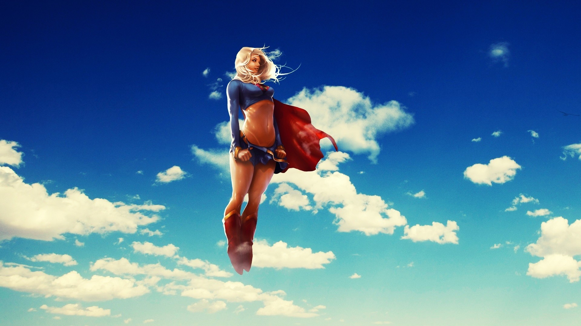 Supergirl, DC Comics, Volo, Cielo azzurro, Nuvole, sfondo Full HD per desktop