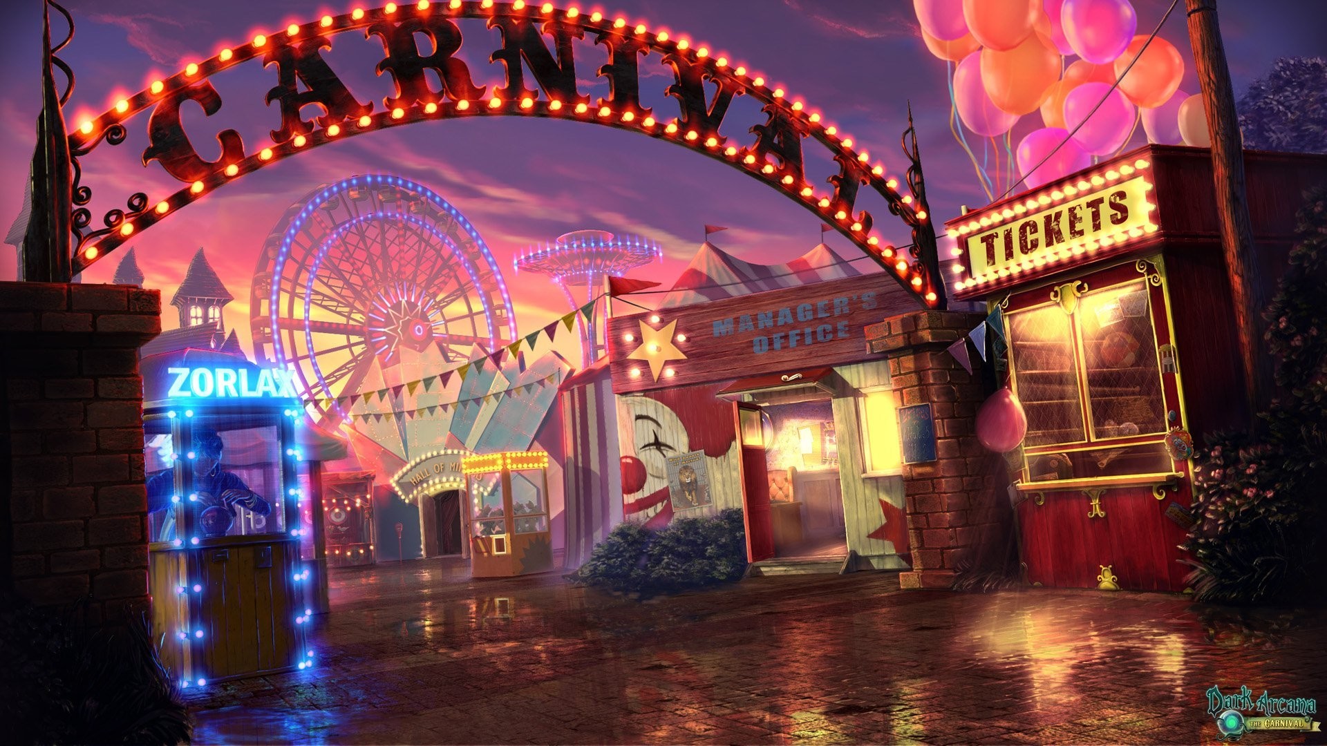 Luna park, Insegna Carnival, Ruota panoramica, Biglietteria, Illustrazione, sfondo Windows 11