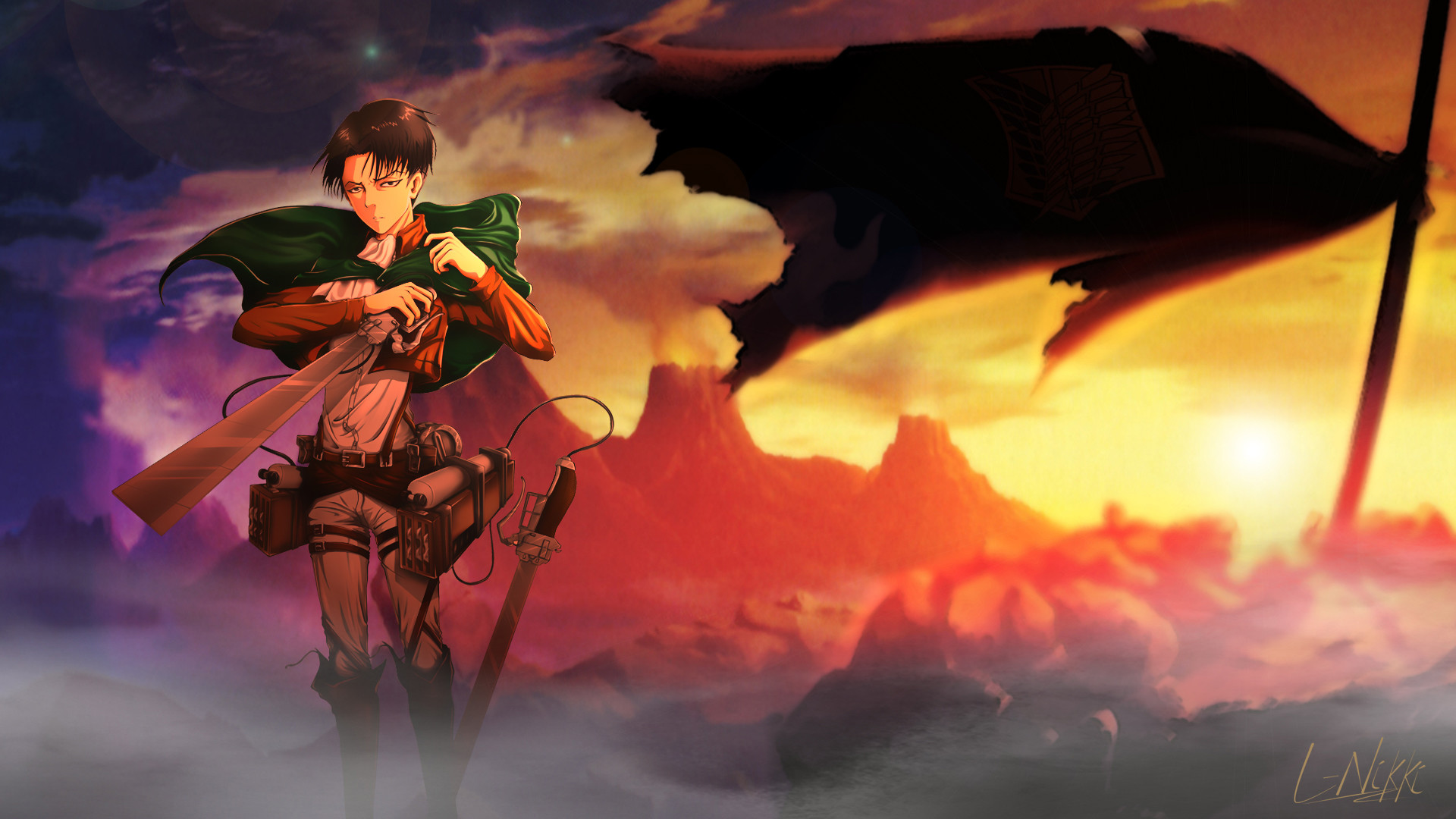L'attacco dei giganti, Bandiera, Tramonto, Full HD, wallpaper per portatile