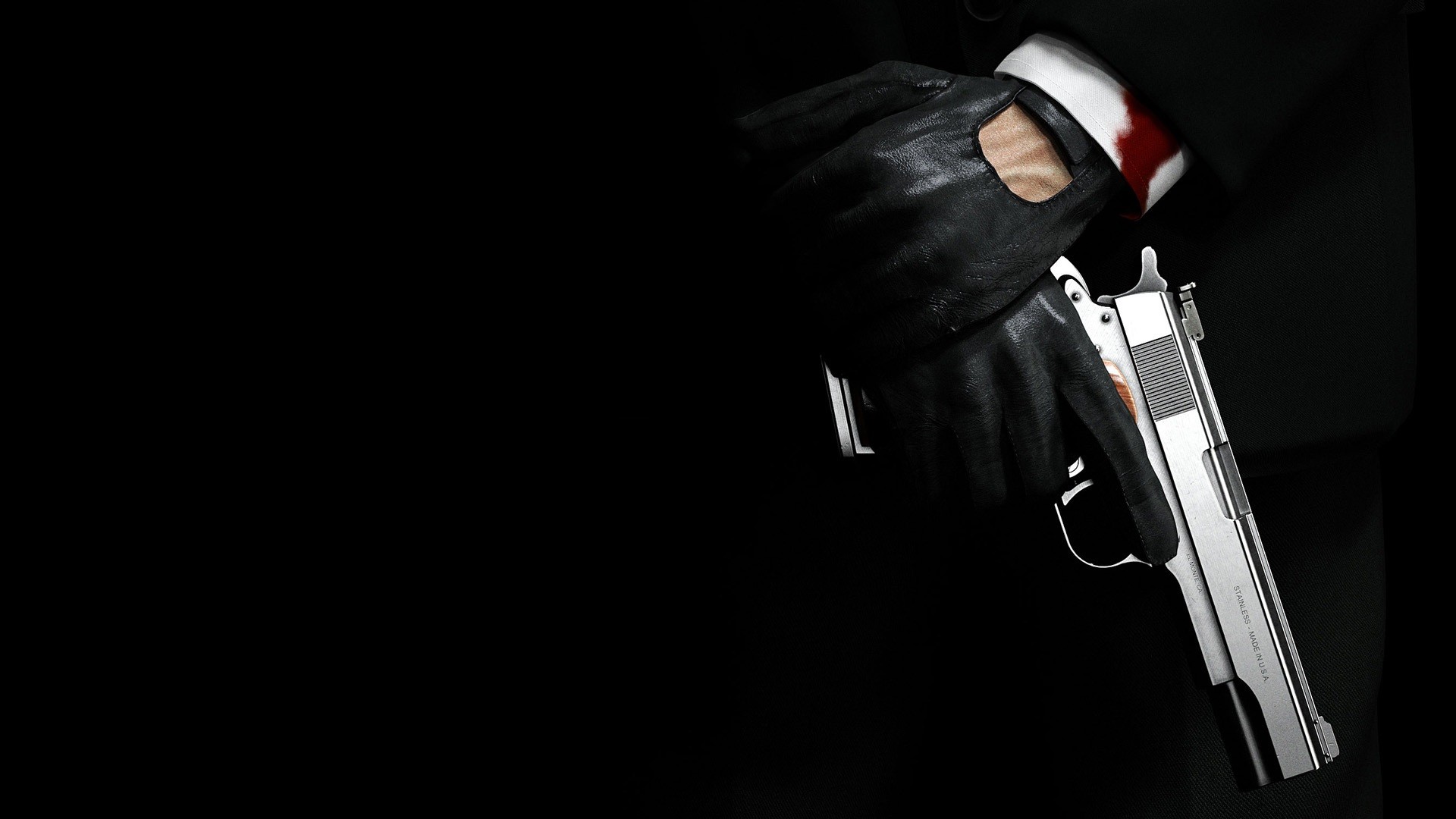 Hitman, Guanti di pelle, Pistola, Sfondo nero, 16:9 Full HD, wallpaper widescreen