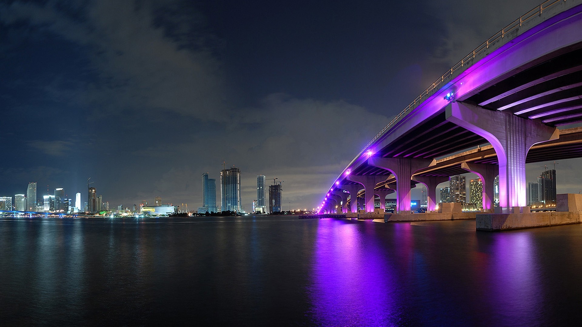 Miami, MacArthur Causeway, Luci viola, Notte, Full HD, wallpaper desktop