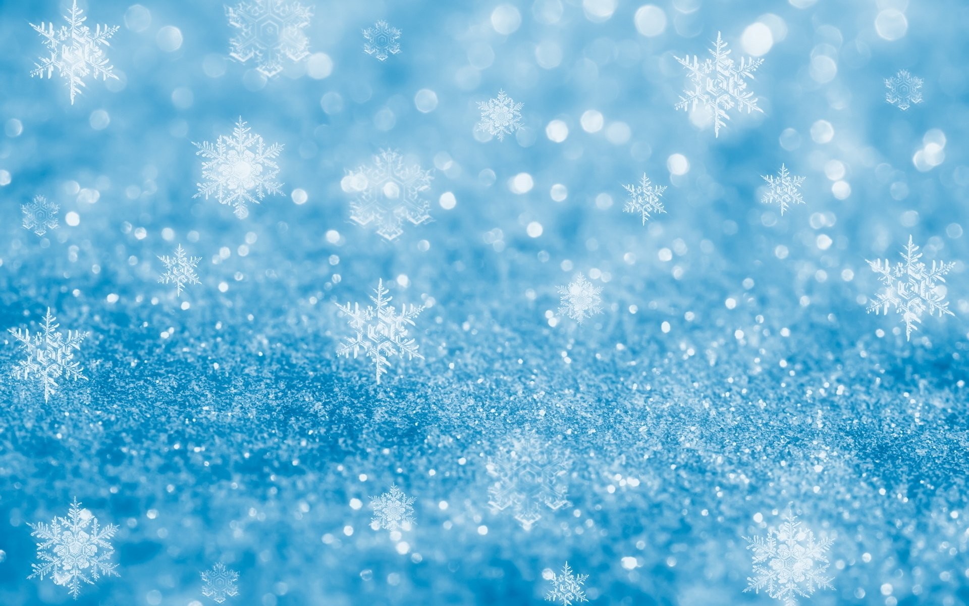 Glitter azzurro, Fiocchi di neve, Bokeh, Inverno, Full HD, sfondo per PC e portatile