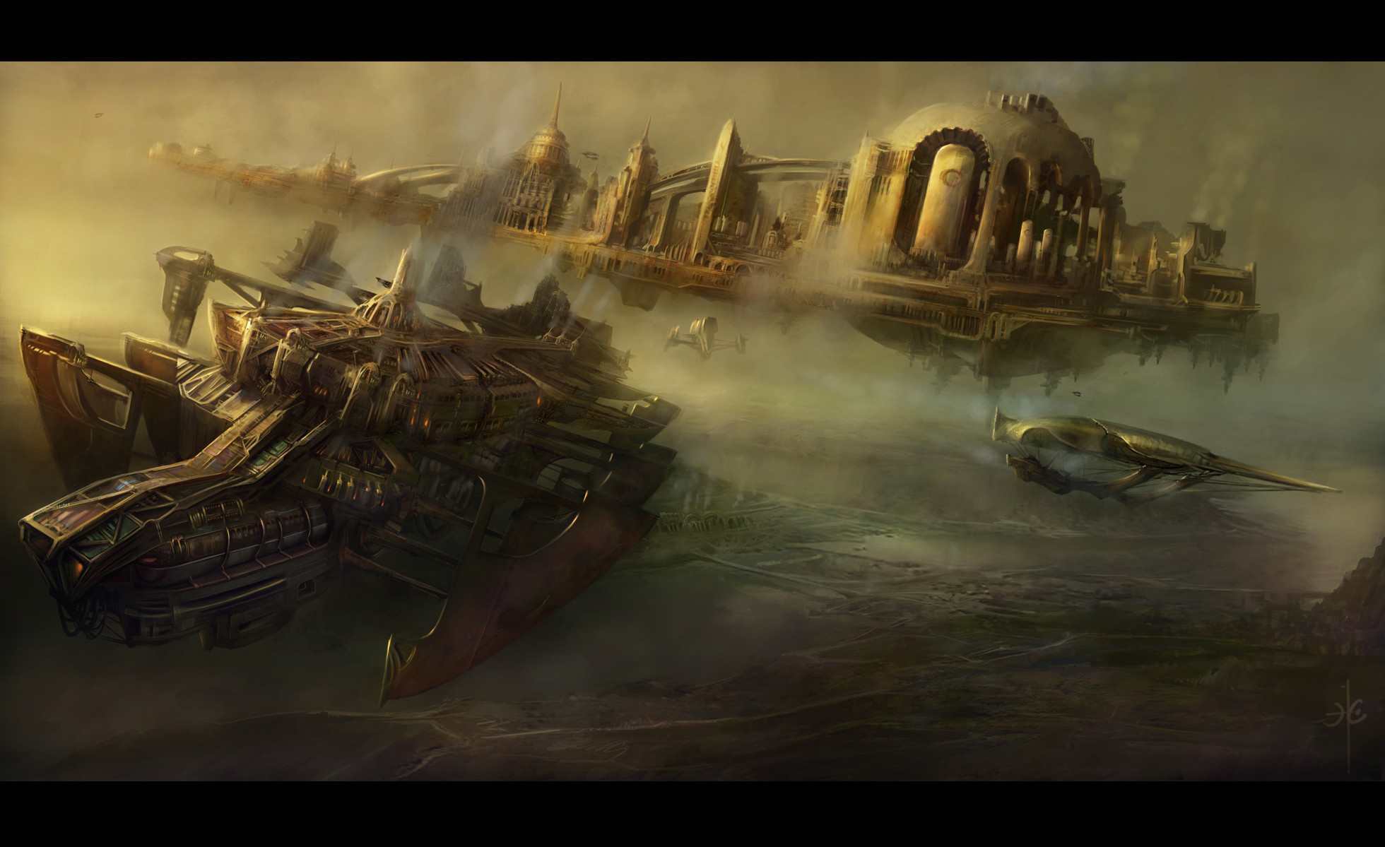 Nave volante, Città galleggiante, Steampunk, Fantasy, Full HD, sfondo per portatile