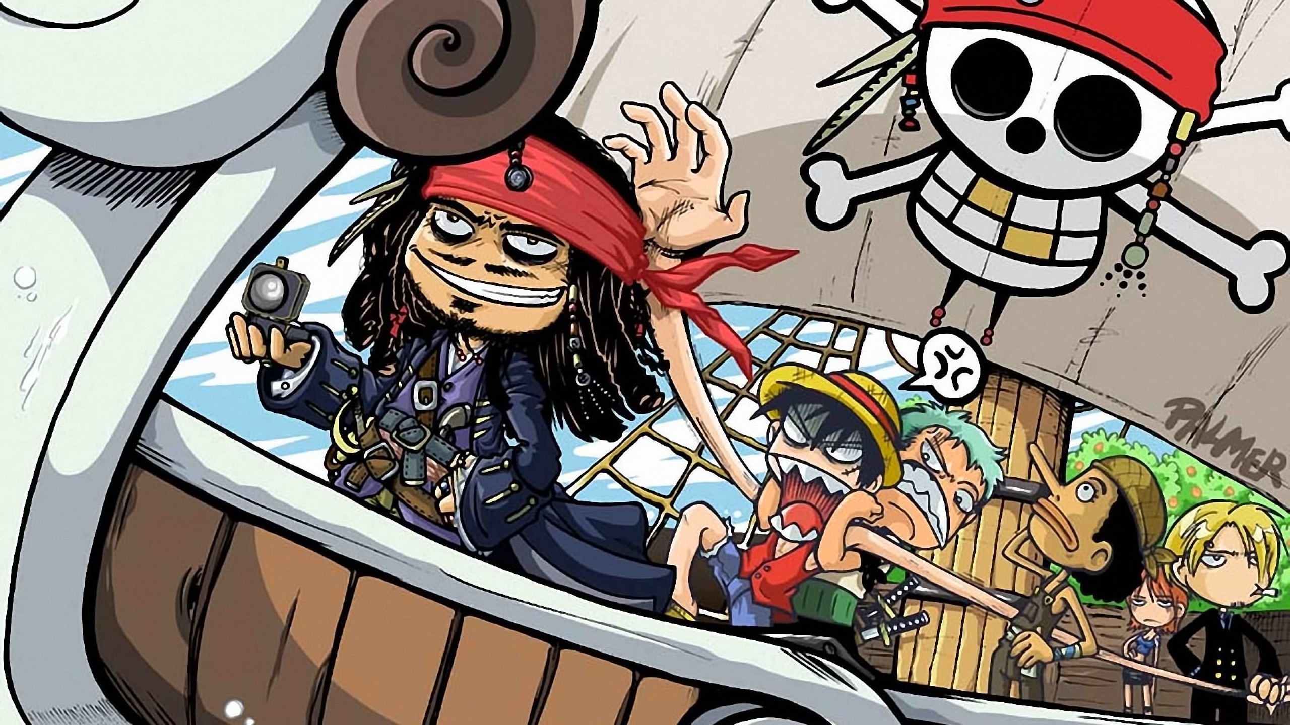 Ciurma di Cappello di Paglia, Jack Sparrow, One Piece, Crossover, Going Merry, sfondo 2K