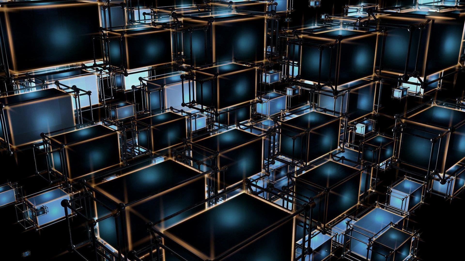 Cubi, Astratto, Rendering 3D, Blu, Full HD, sfondo per portatile