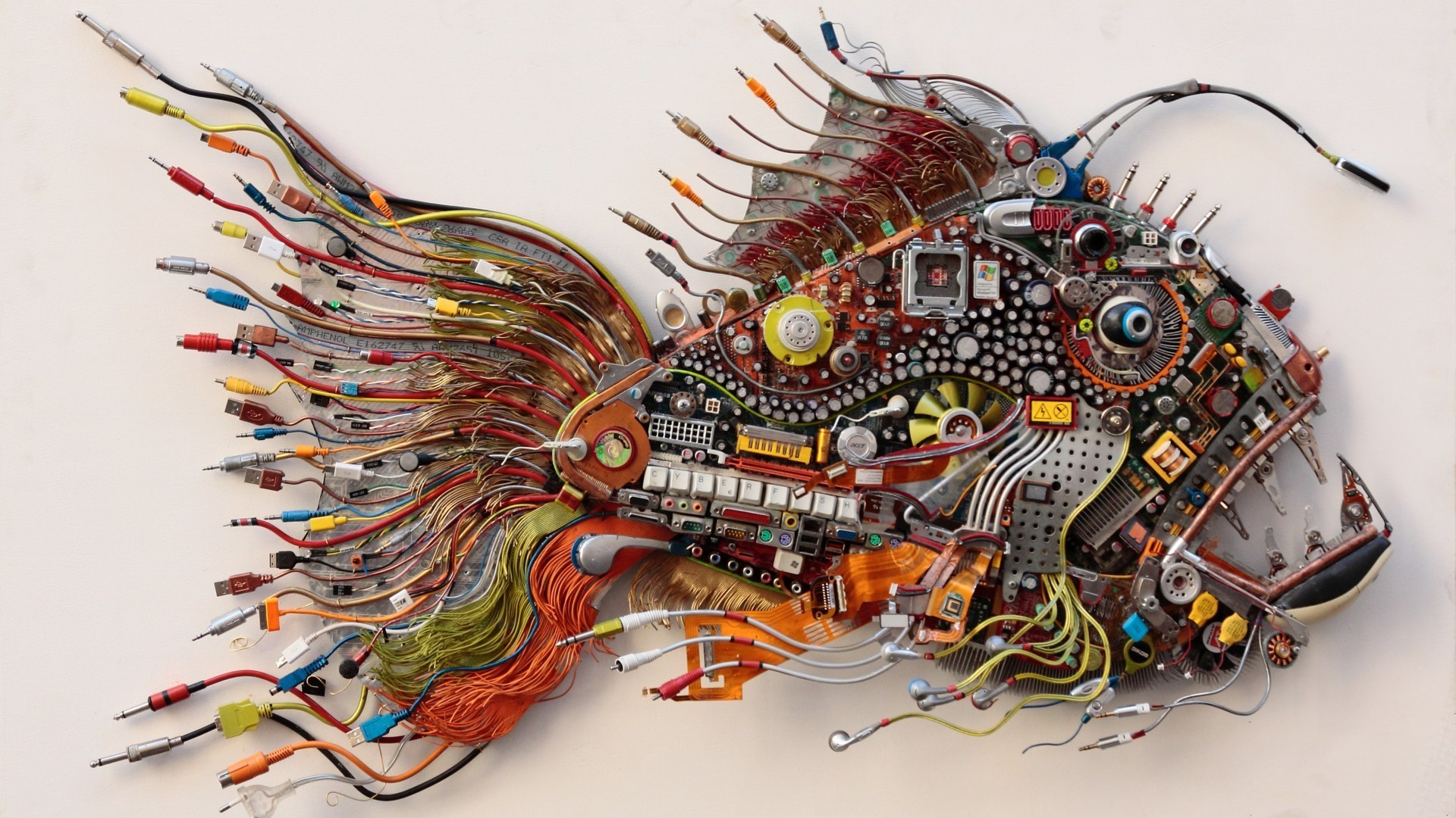 Pesce, Componenti elettronici, Scultura, Arte riciclata, Full HD, sfondo per portatile