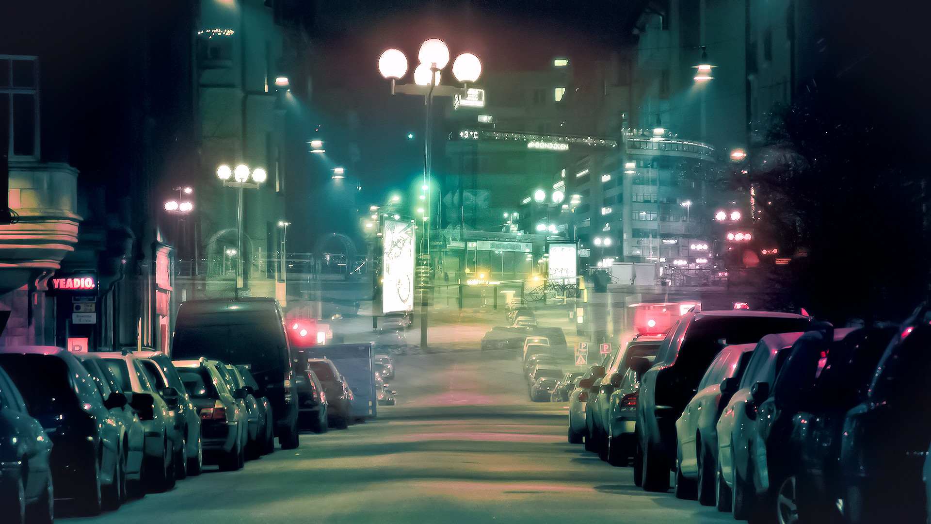 Strada, Notte, Lampioni, Auto parcheggiate, Città, Full HD, sfondo per PC