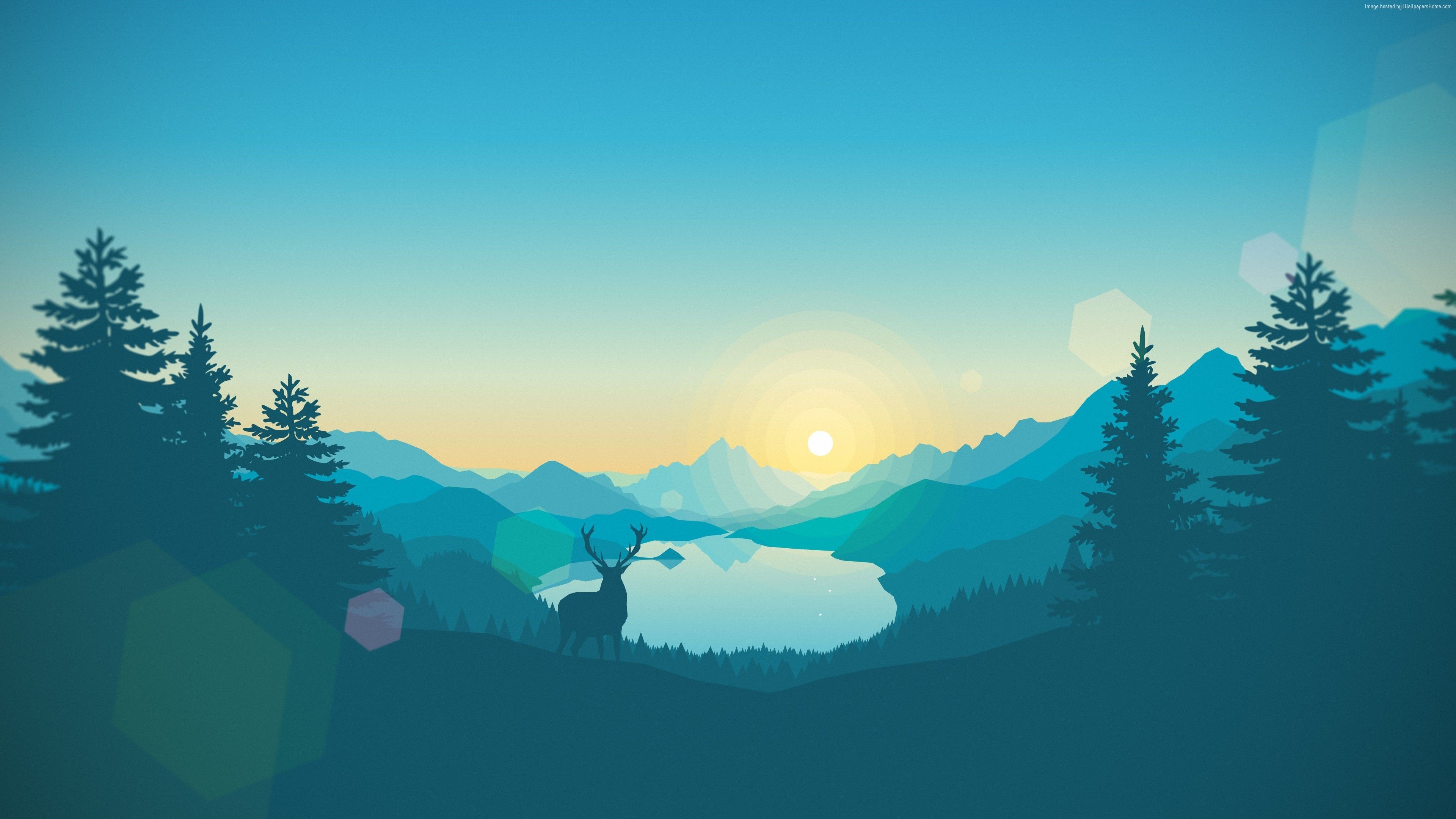 Firewatch, Cervo, Lago, Montagne, Flat design, 4K, sfondo PC