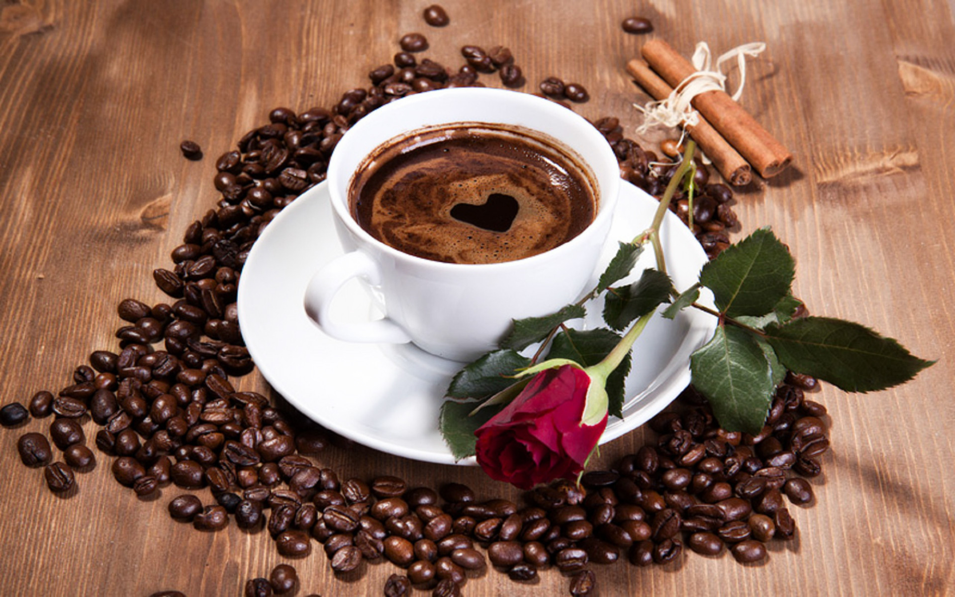 Tazza di caffè, Cuore, Rosa rossa, Cannella, Chicchi di caffè, Full HD, sfondo desktop