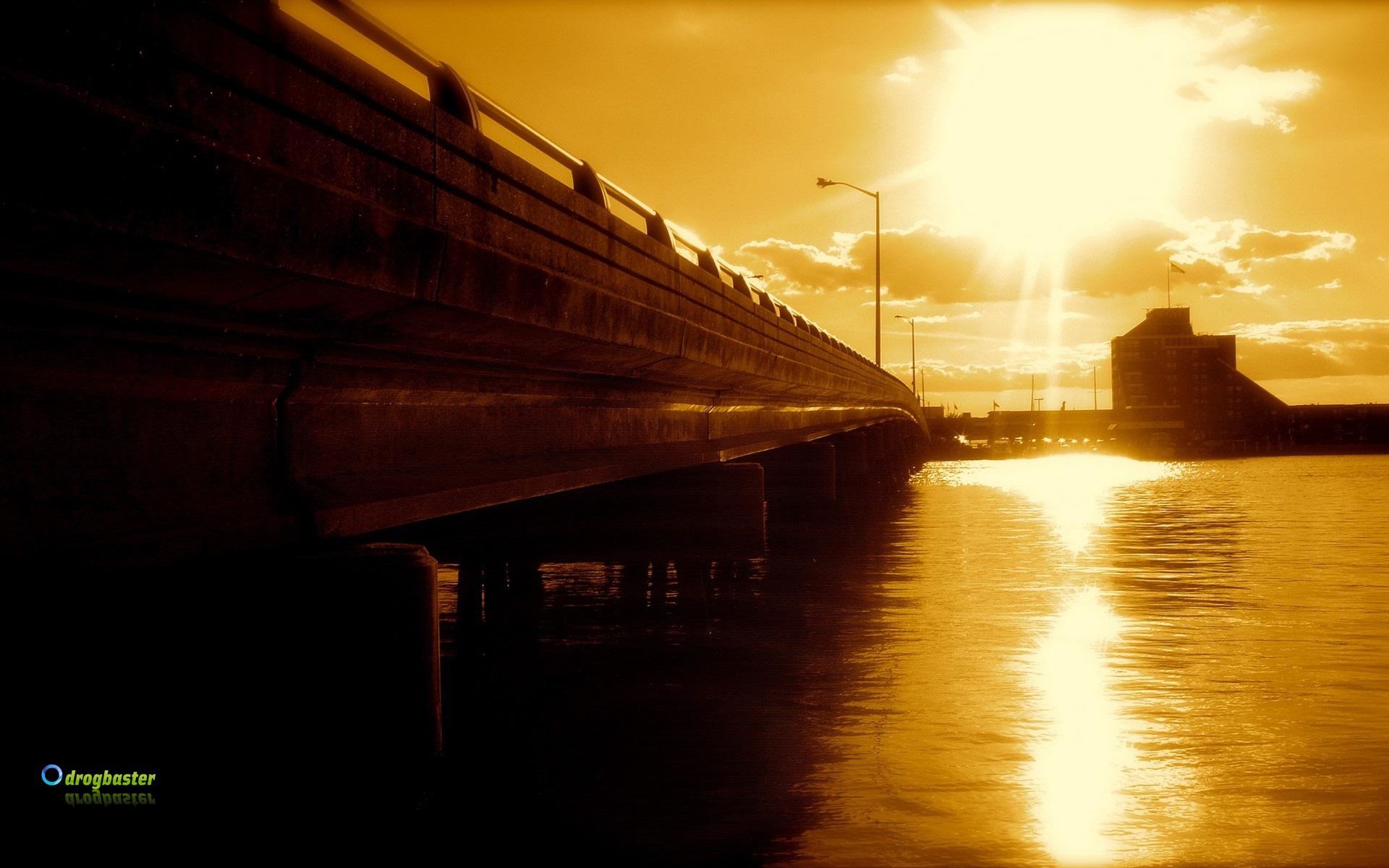 Ponte, Tramonto, Riflesso dorato, Fiume, Full HD, sfondo per PC