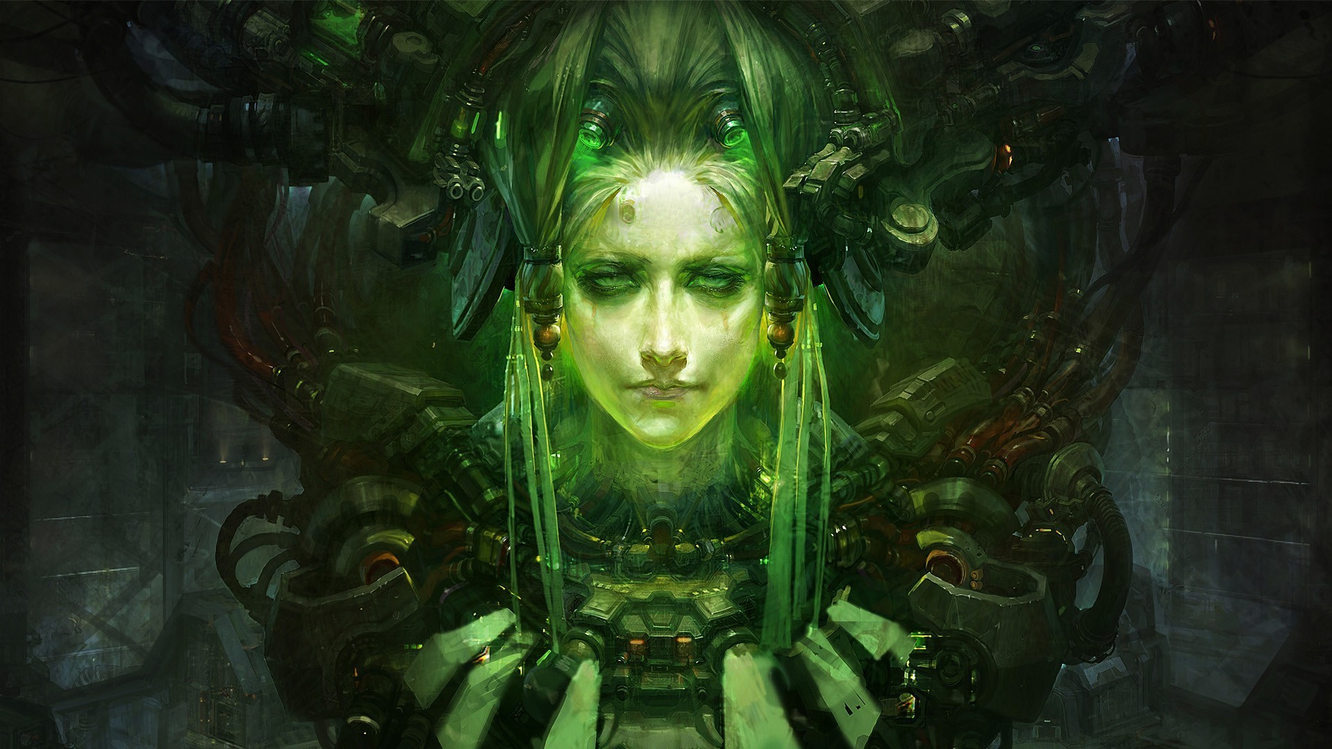 Donna cyborg, Cavi, Verde, Ritratto, Full HD, sfondo per PC e portatile