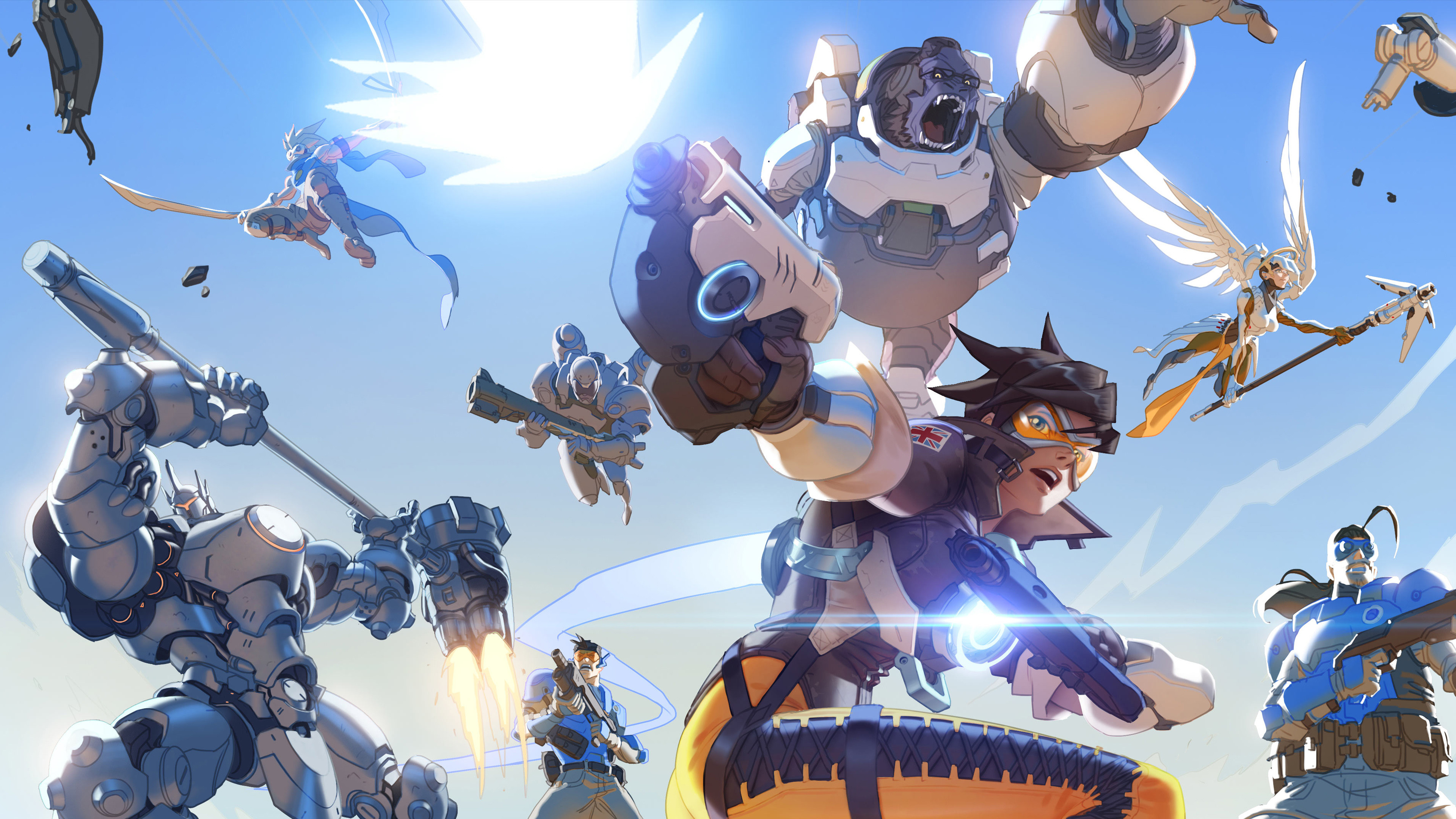 Overwatch, Winston, Tracer, Mercy, Reinhardt, Battaglia, 4K 2160p, sfondo desktop