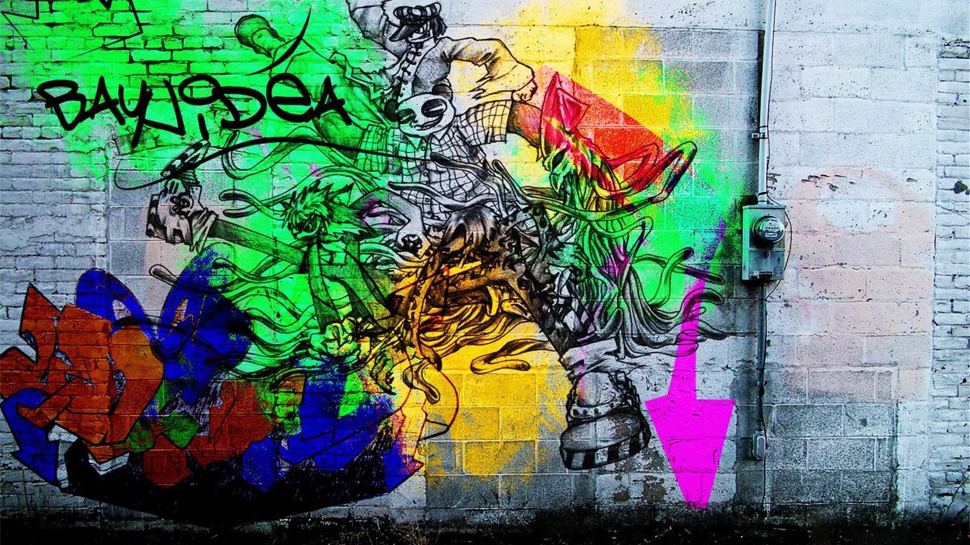 Graffiti, Muro di mattoni, Verde, Street art, 16:9 Full HD, wallpaper widescreen