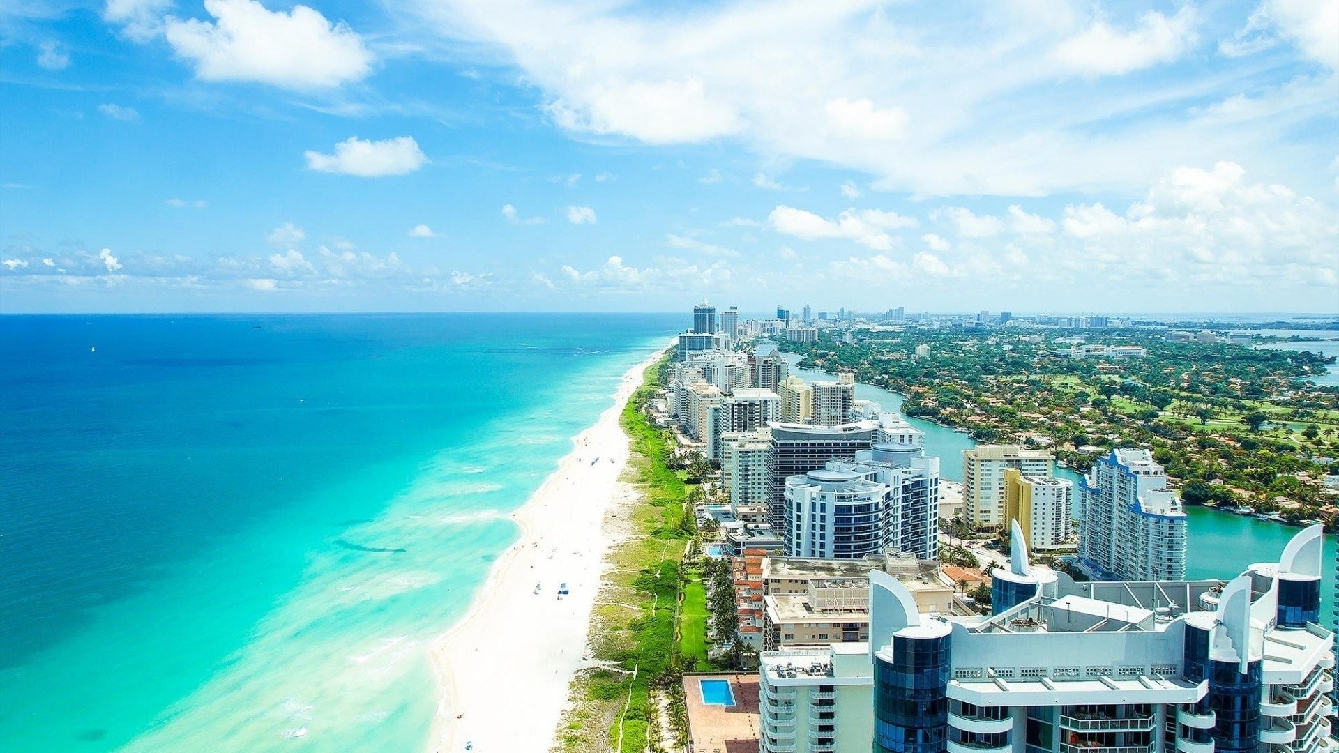 Miami Beach, Florida, Grattacieli, Vista aerea, Spiaggia, 16:9 Full HD, wallpaper widescreen
