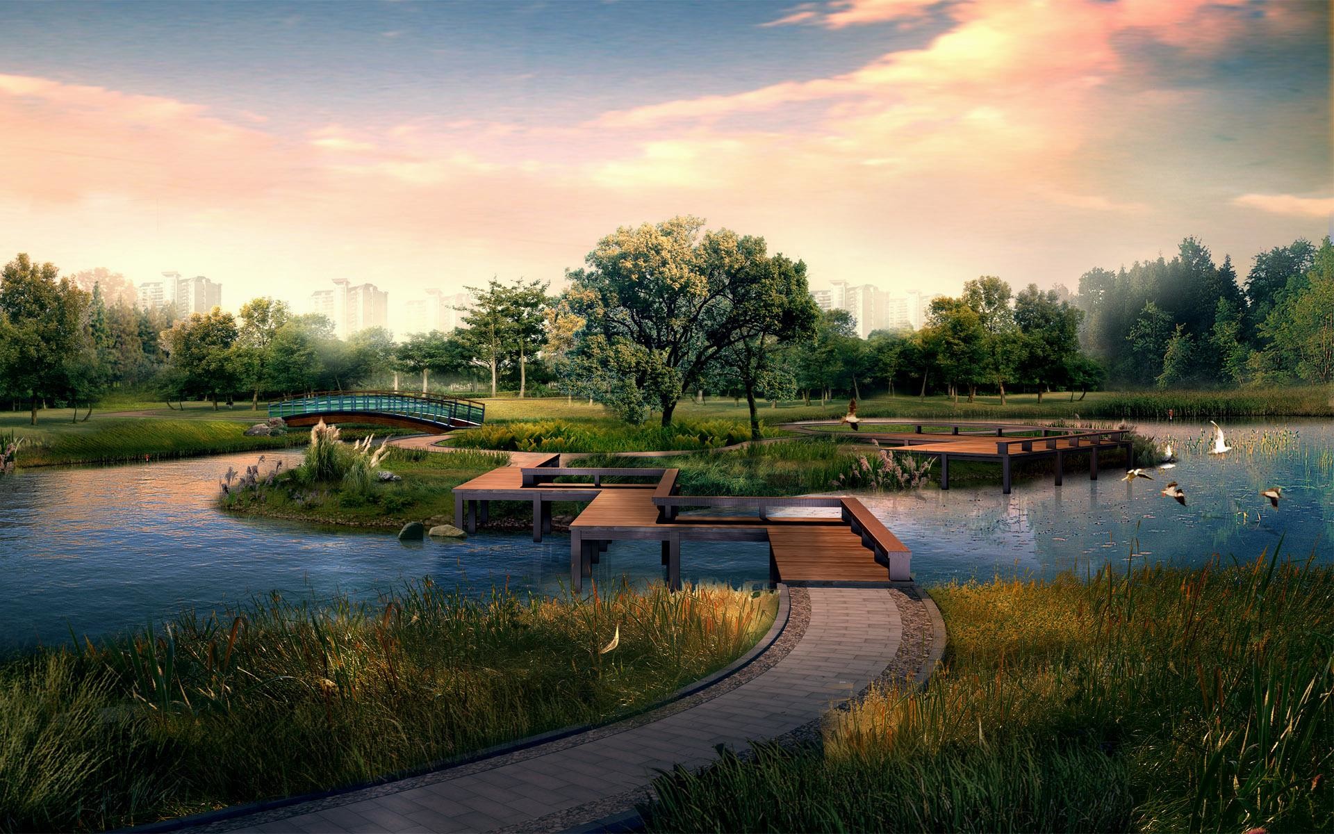 Parco, Laghetto, Passerella, Rendering 3D, Tramonto, 1920x1200, immagine di sfondo