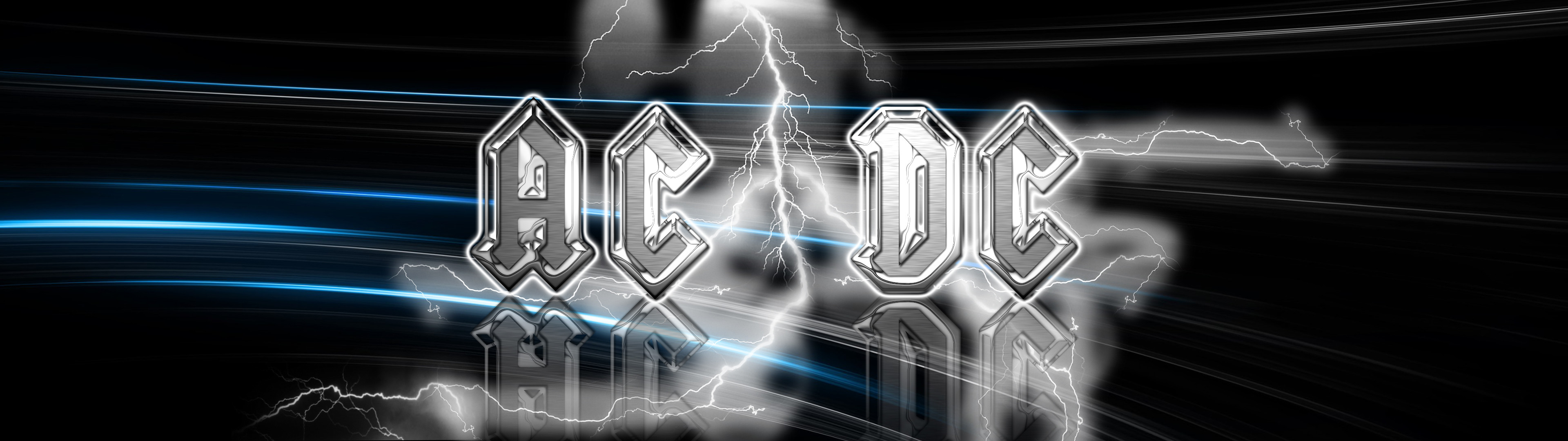 Logo AC/DC, AC/DC, Fulmini, Cromato, 32:9 Full HD, sfondo widescreen