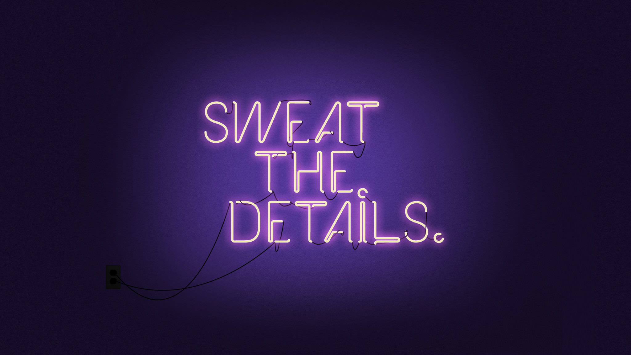 Sweat the details, Insegna al neon, Viola, Tipografia, Sfondo scuro, wallpaper Windows 11