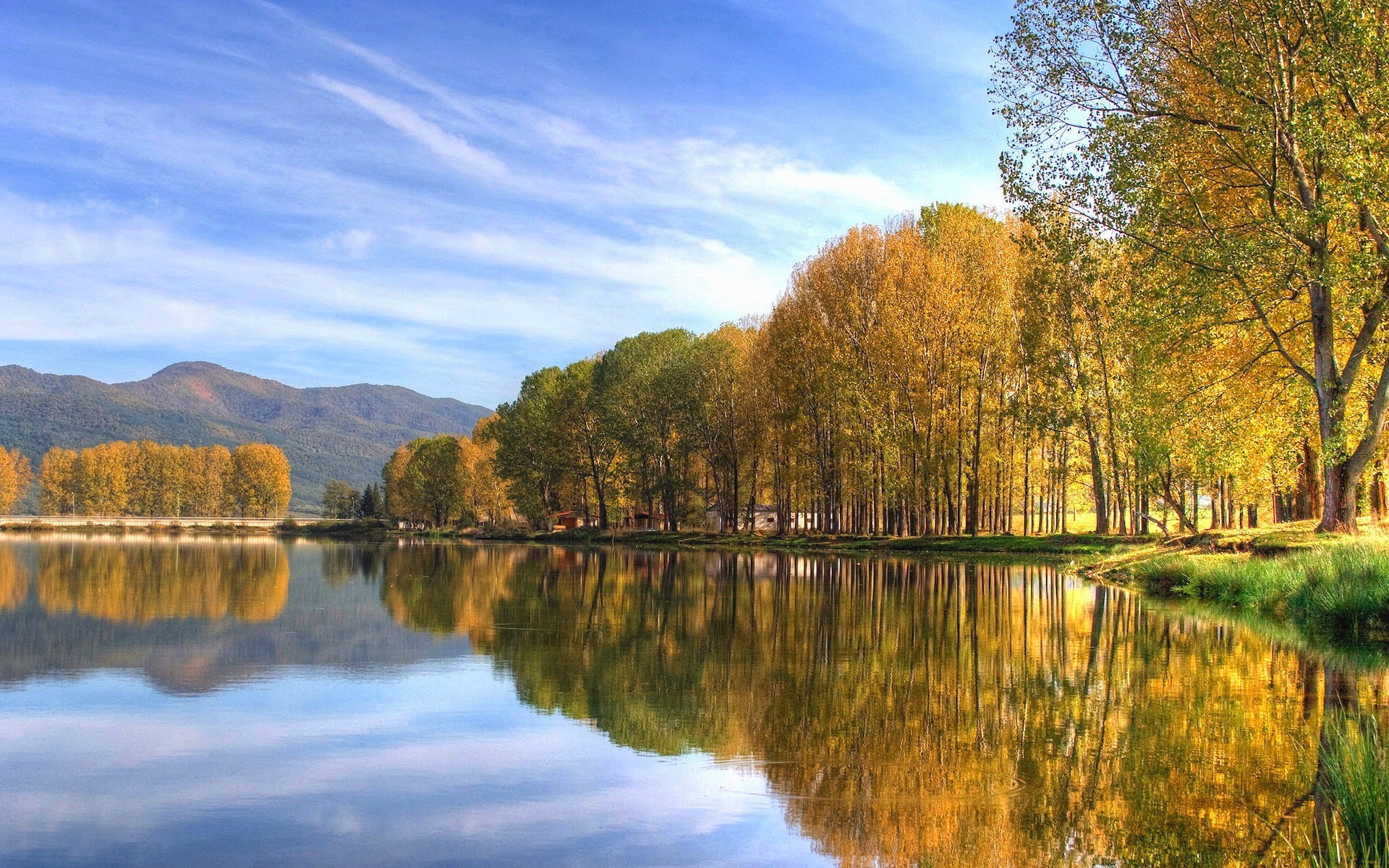 Lago, Alberi autunnali, Riflesso, Cielo azzurro, 1920x1200, sfondo per PC