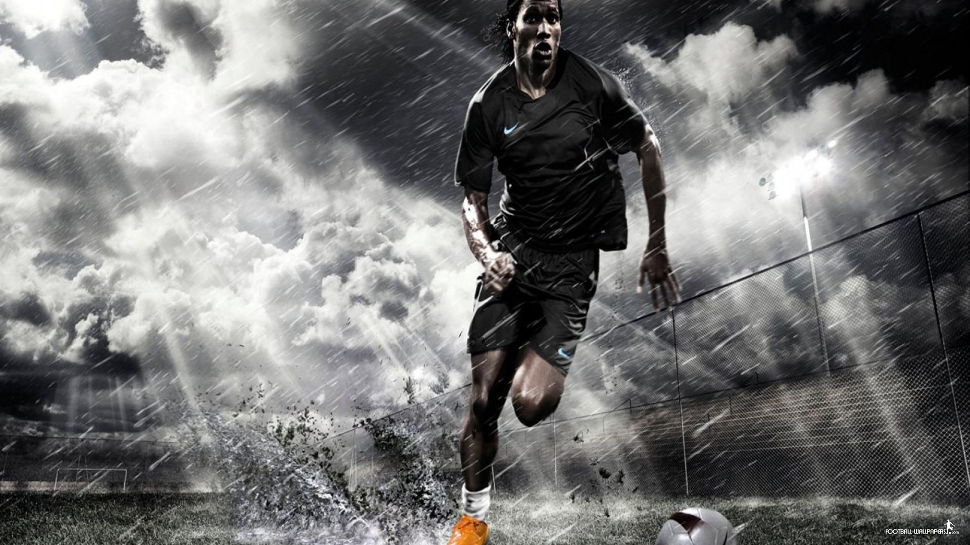 Calciatore, Pioggia, Stadio, Pallone da calcio, Bianco e nero, Spruzzi d'acqua, sfondo Full HD